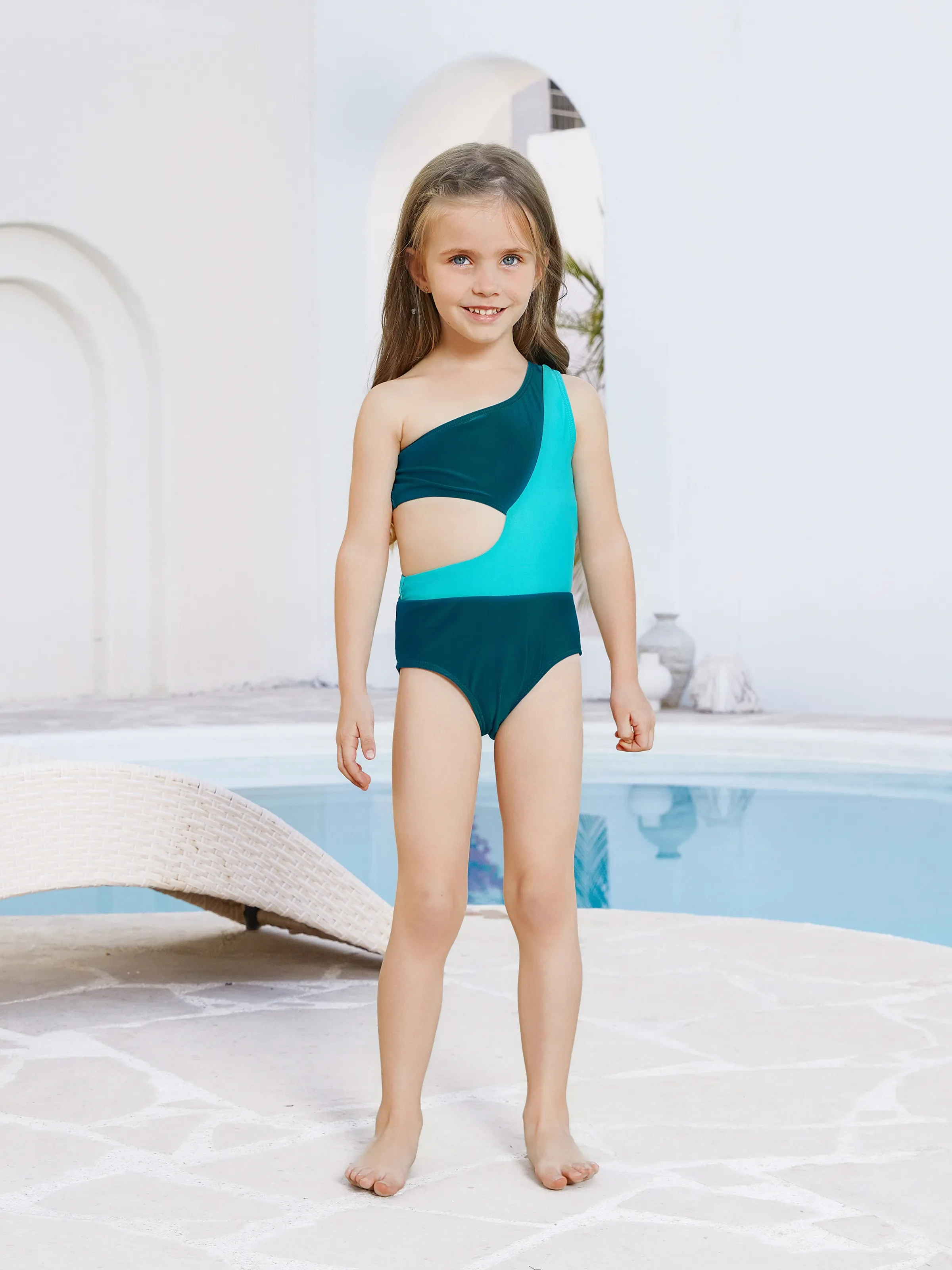 Mommy & me Colorblock One Shoulder Cut Out One-piece Swimsuit DeepTurquoise - Image 8