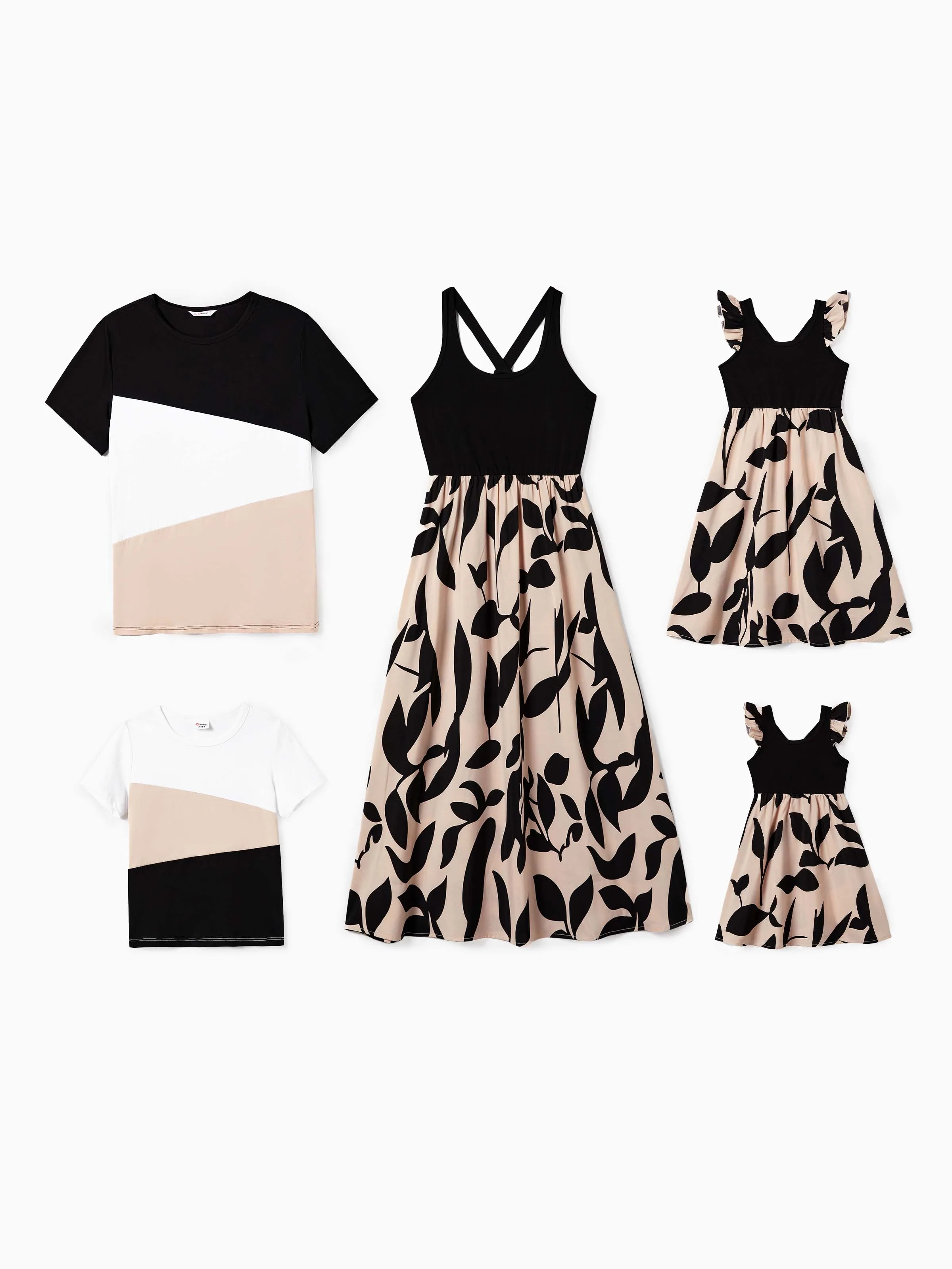 Mommy & me Cross Back Floral Strap Dress and Colorblock Top Sets Black - Image 2