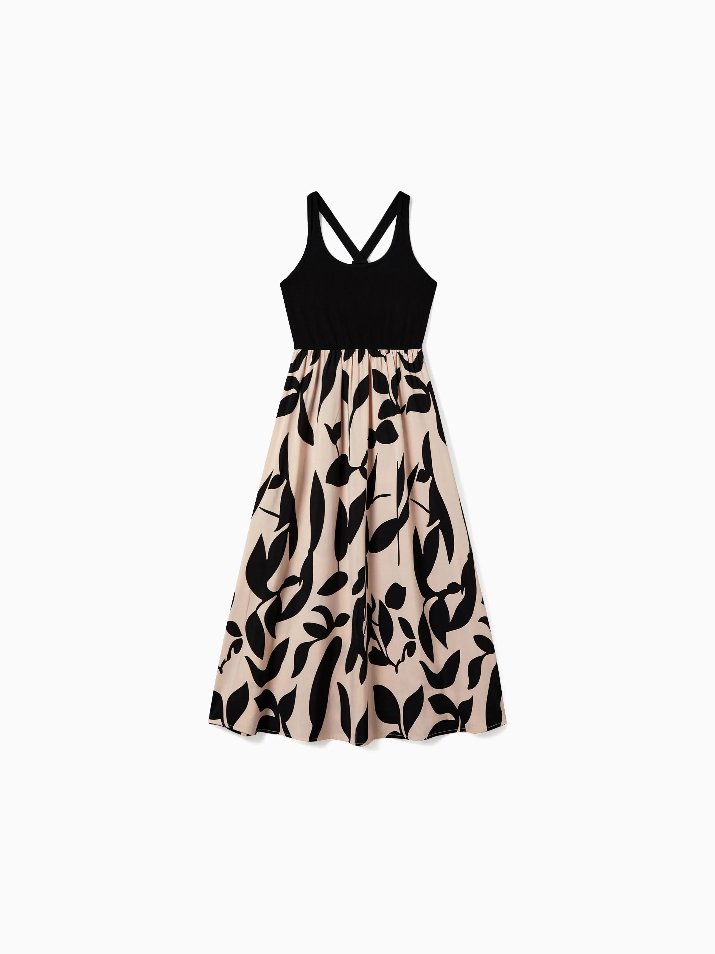 Mommy & me Cross Back Floral Strap Dress and Colorblock Top Sets Black - Image 4