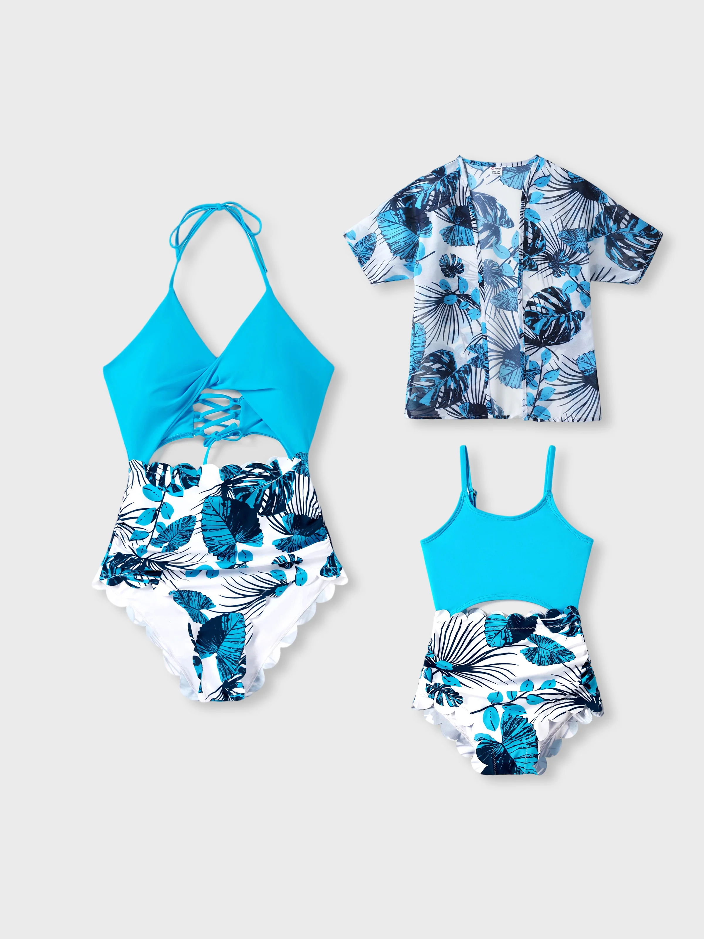 Mommy & me Drawstring Cut Out Lace UP Back One-Piece Swimsuit BLUEWHITE