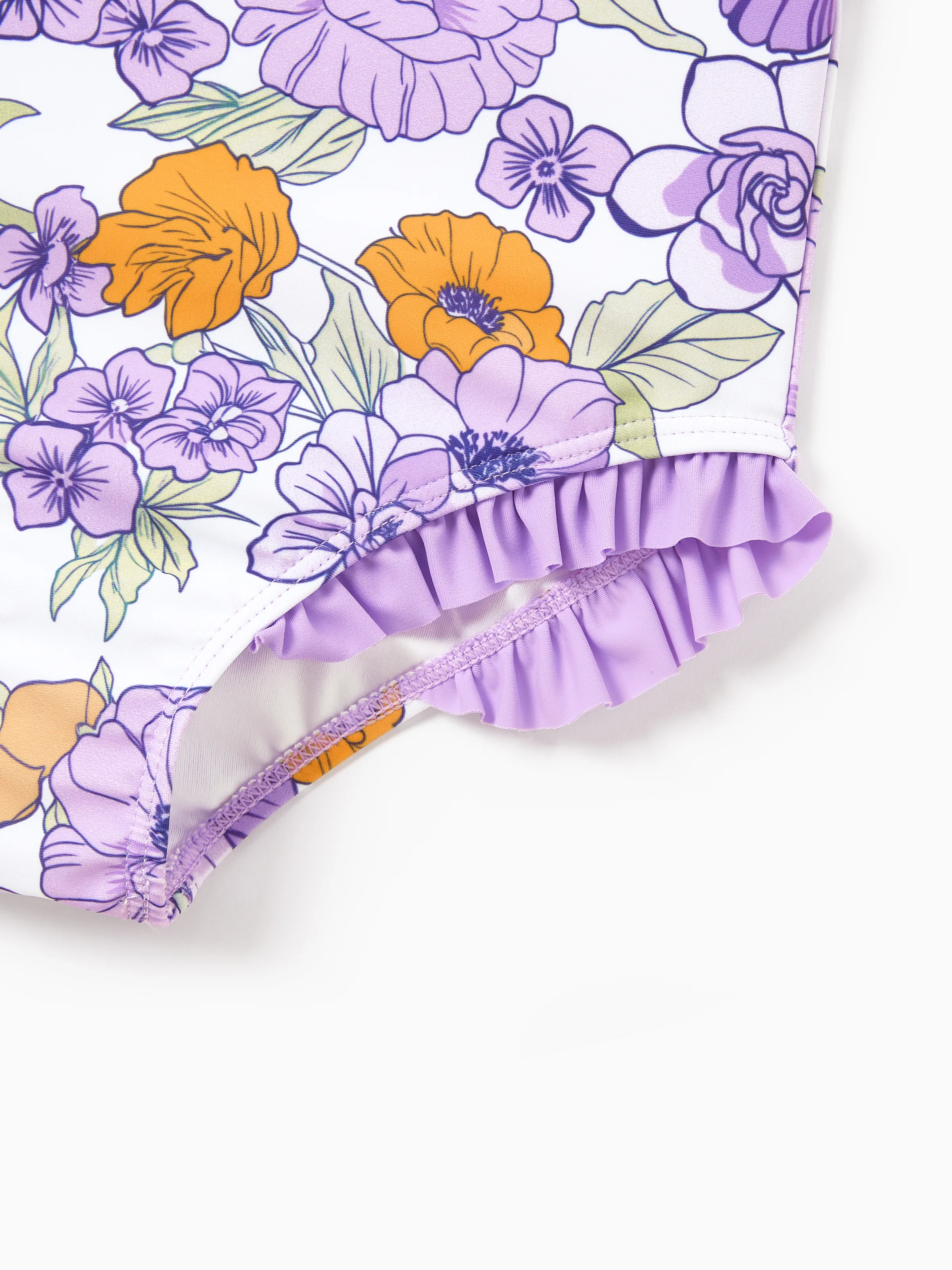 Mommy & me Floral Print Swimsuits Ruffled One-Piece Bathing Suit & Swim Trunks Set Purple - Image 16