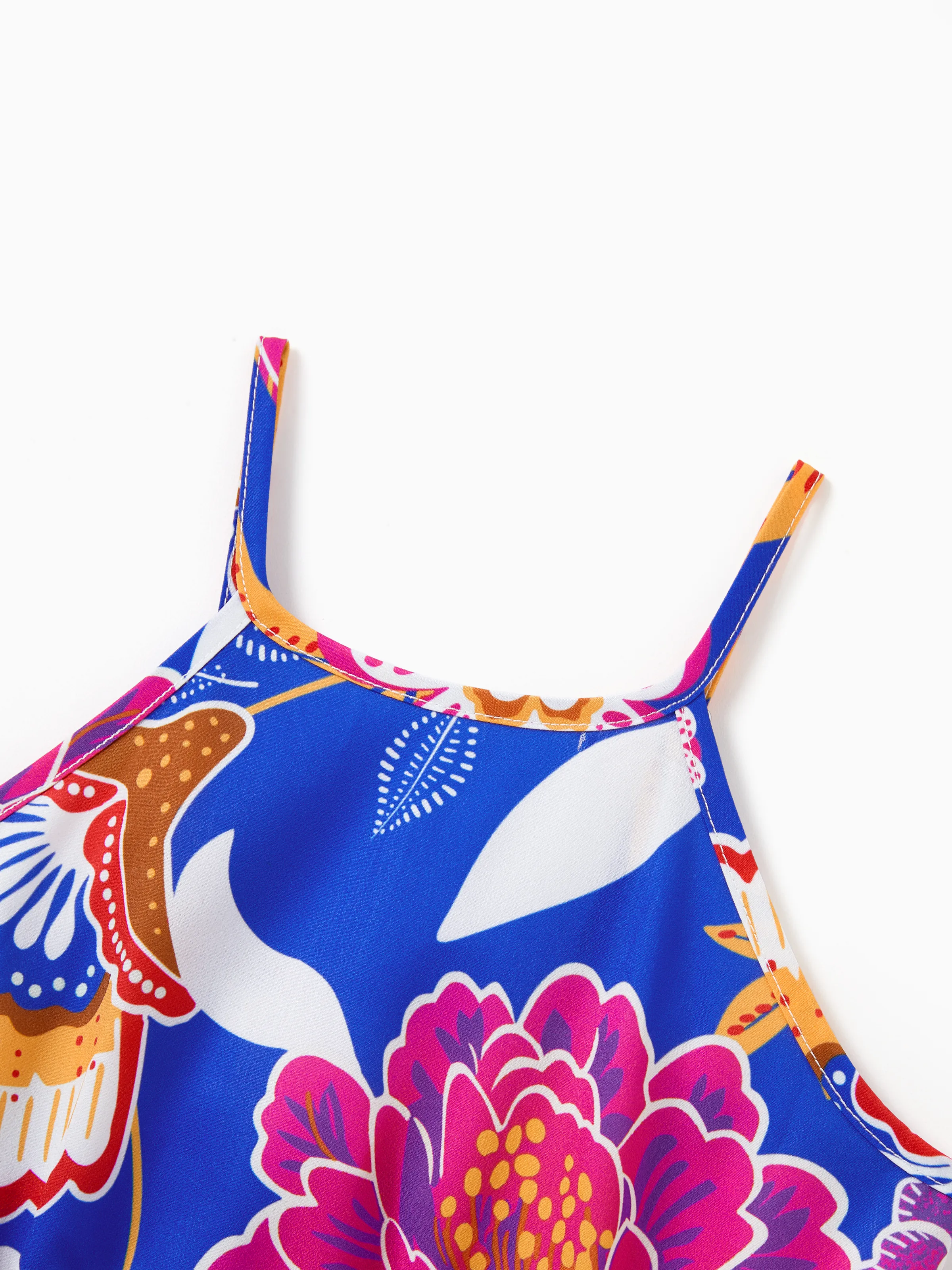 Mommy & me Hawaiian Outfits Tropical Floral Print Vacation Clothes Strap Belted Dress Navy - Image 10