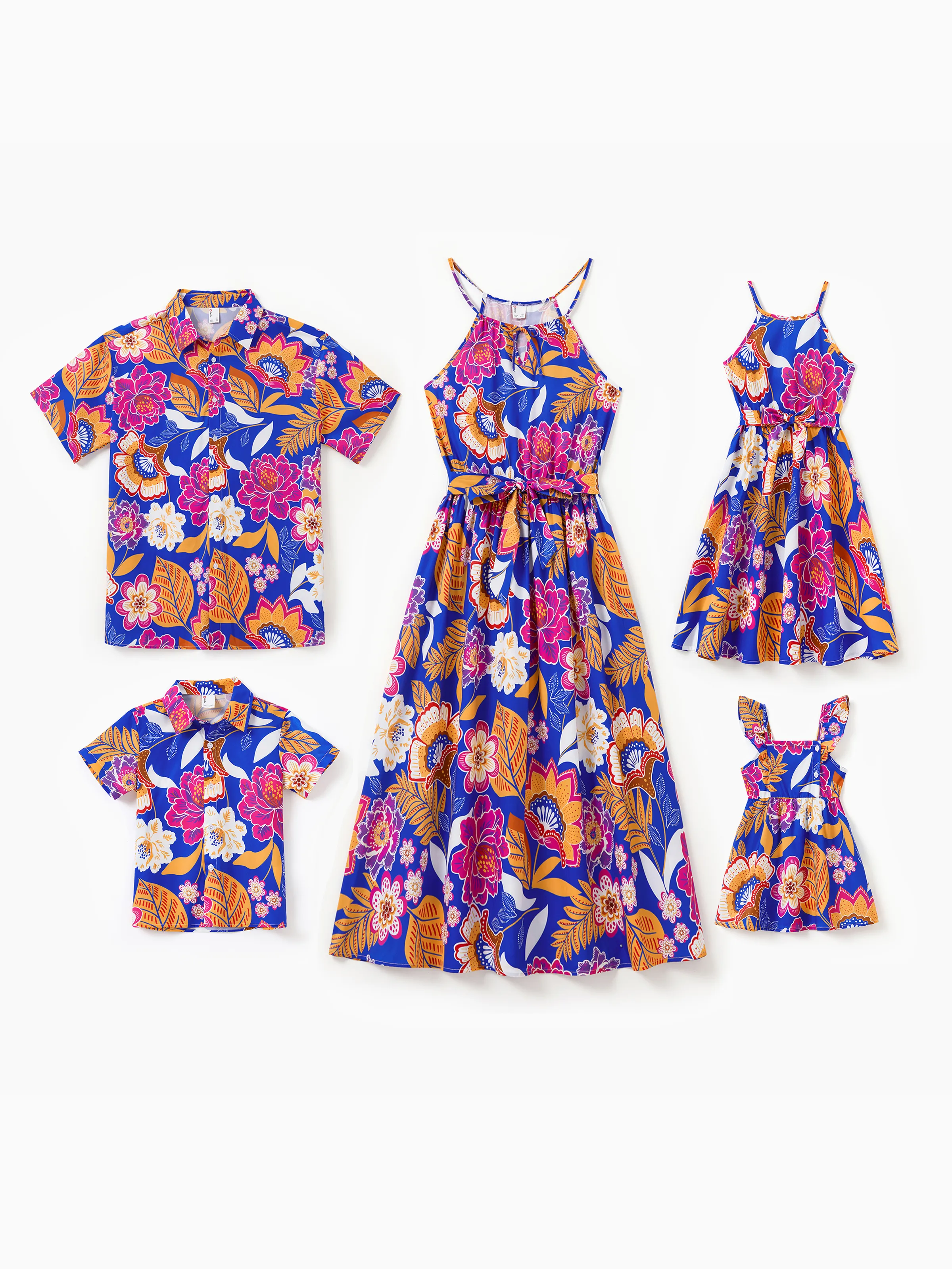 Mommy & me Hawaiian Outfits Tropical Floral Print Vacation Clothes Strap Belted Dress Navy - Image 2