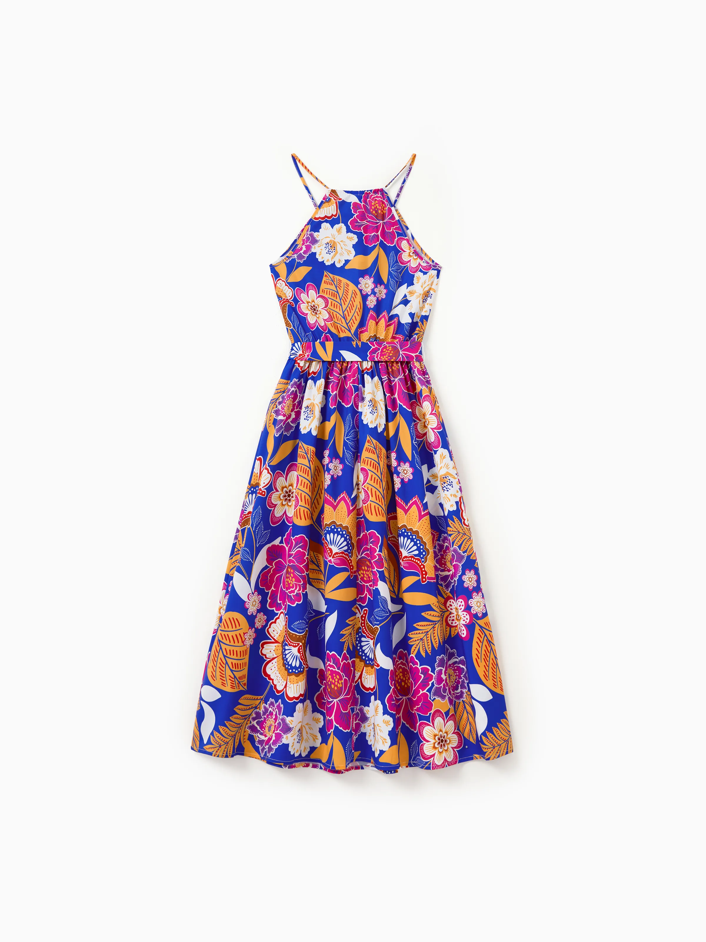 Mommy & me Hawaiian Outfits Tropical Floral Print Vacation Clothes Strap Belted Dress Navy - Image 4