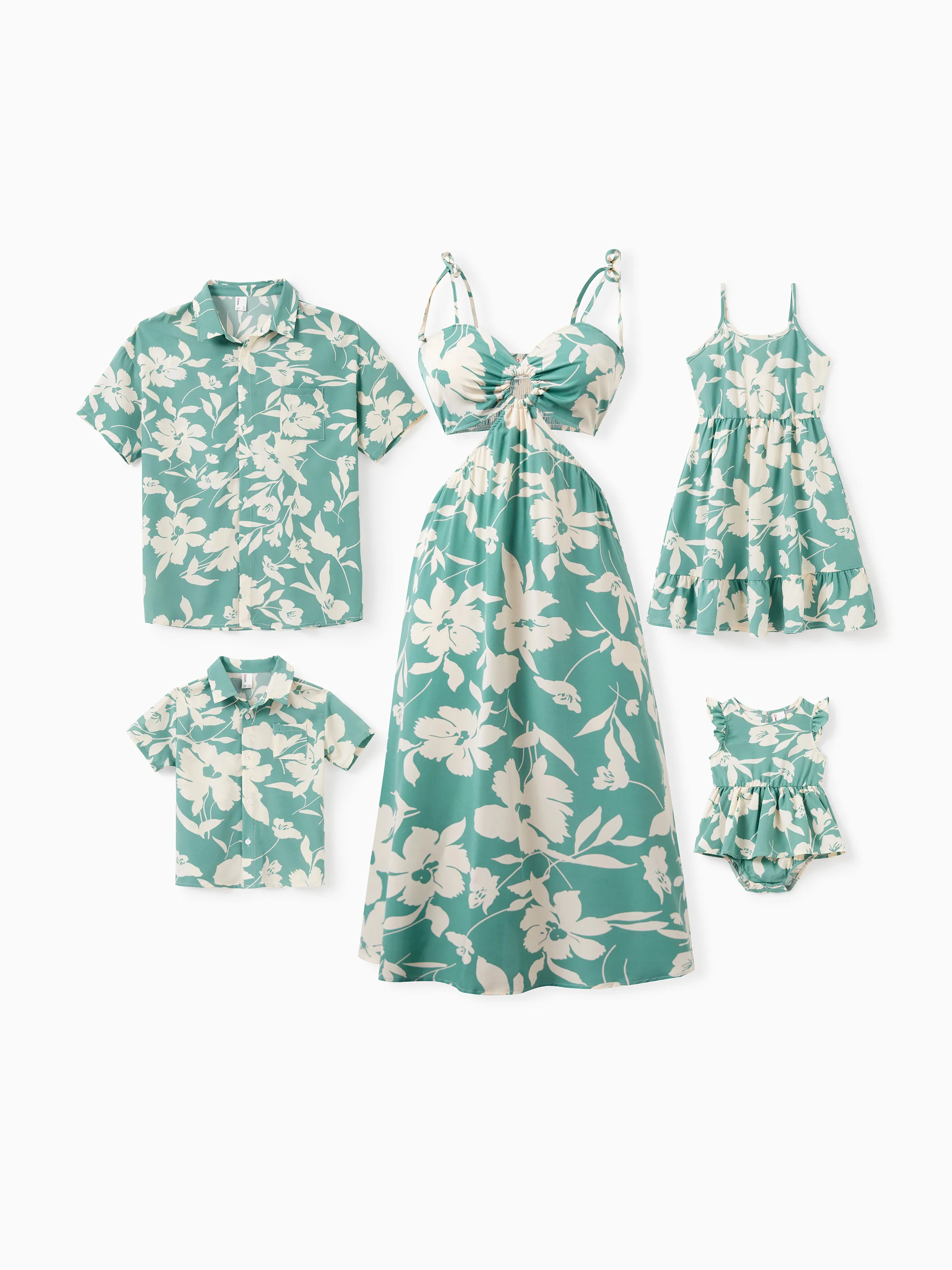 Mommy & me Leaf Print Green Sling Shirred Dress Set Green - Image 2