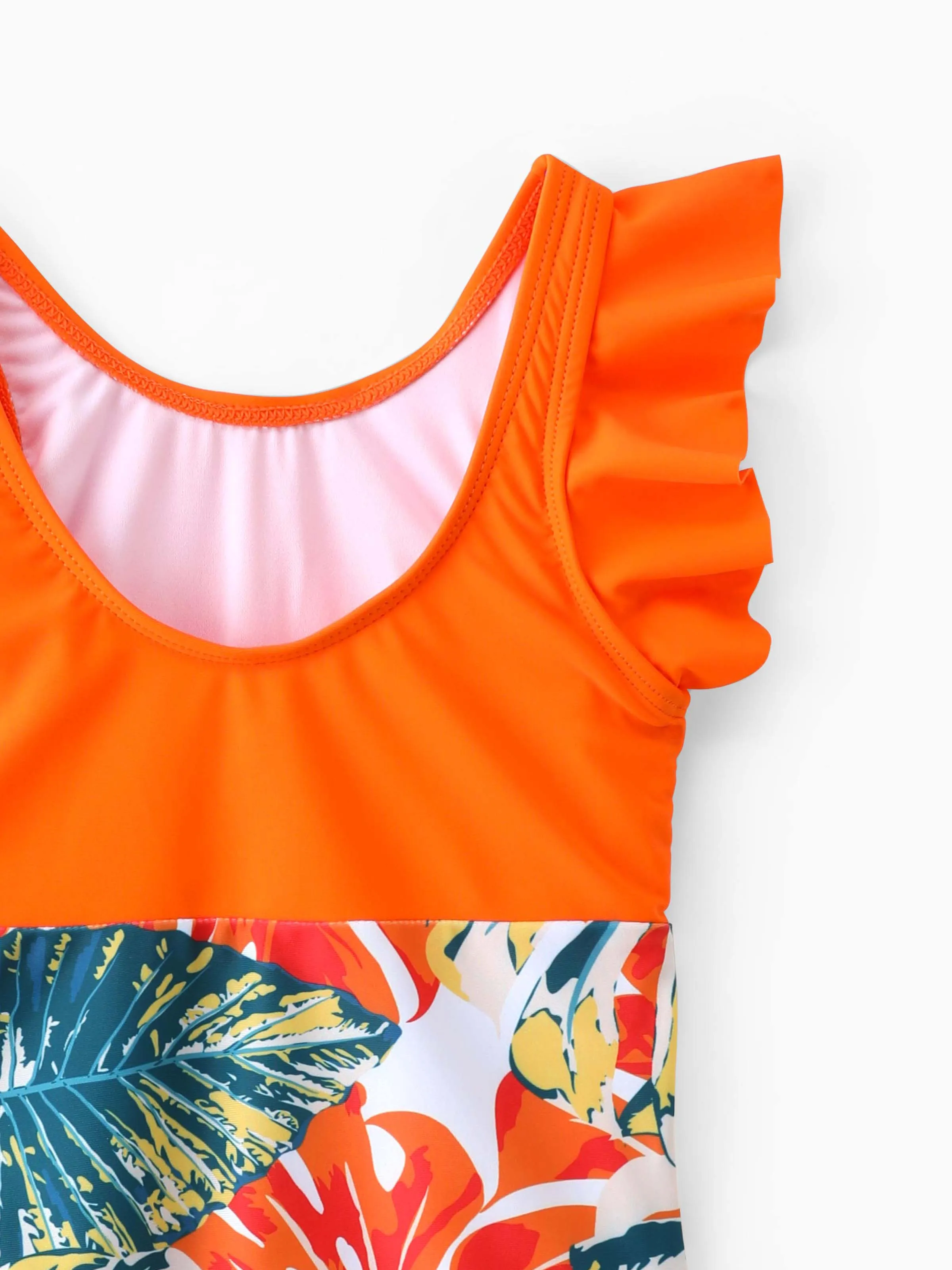 Mommy & me Orange and All Over Tropical Plant Print Splicing Ruffle One-Piece Swimsuit Orange color - Image 10