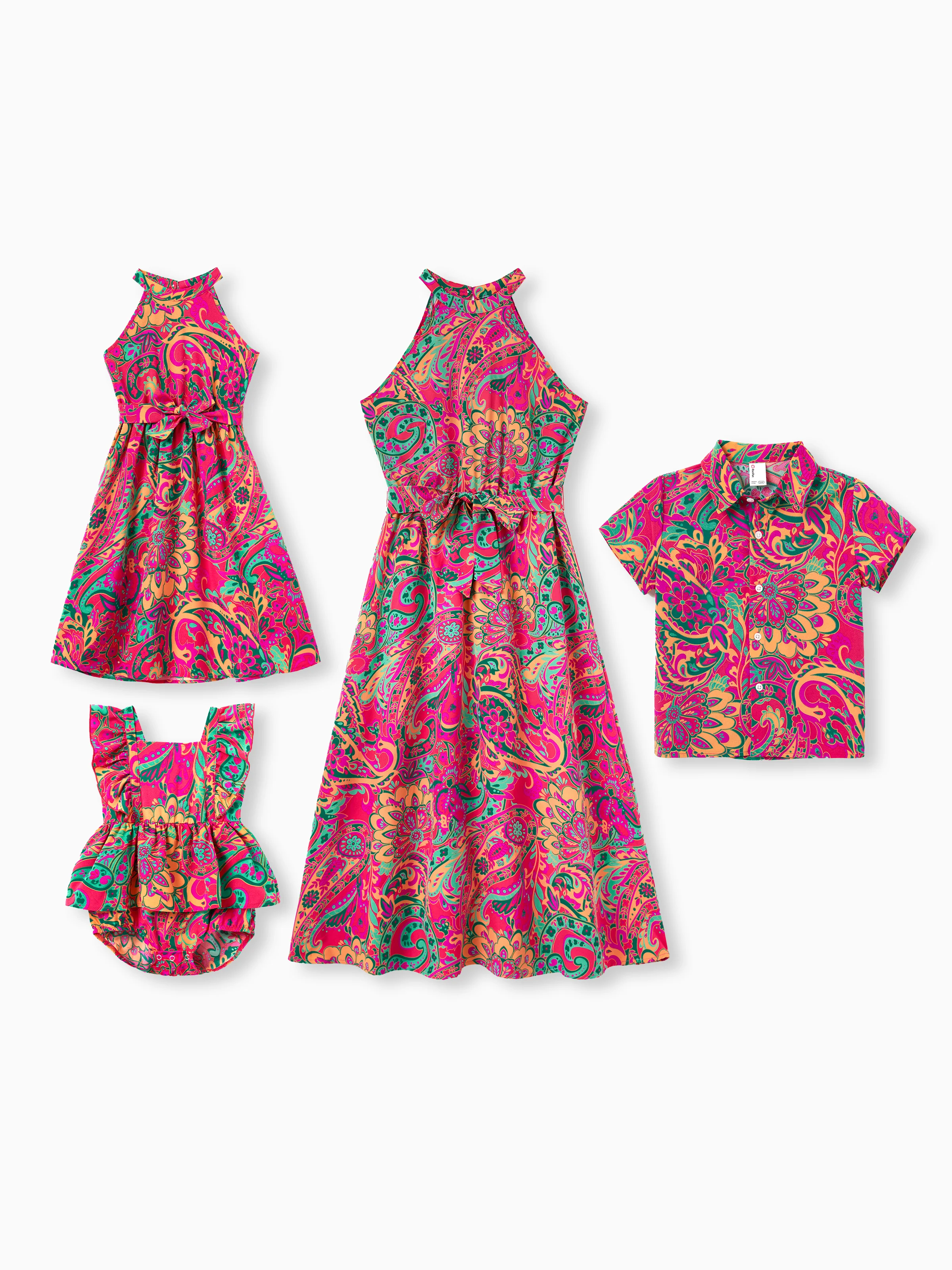 Mommy & me Outfit Set Sleeveless Halter Belted Dress or Short-sleeve Collar Shirt for Summer Vacation Hot Pink