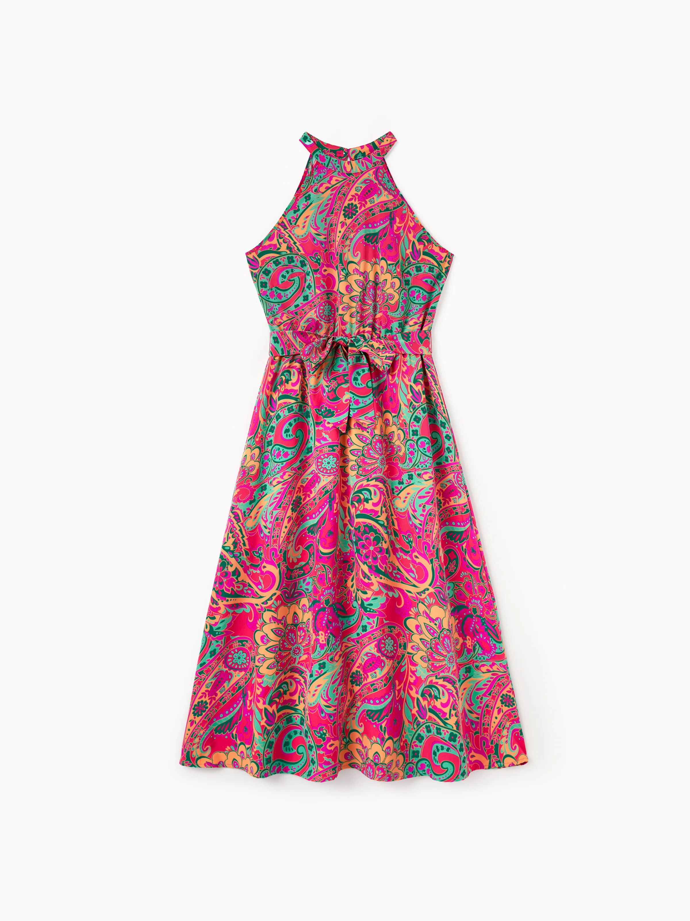 Mommy & me Outfit Set Sleeveless Halter Belted Dress or Short-sleeve Collar Shirt for Summer Vacation Hot Pink - Image 3