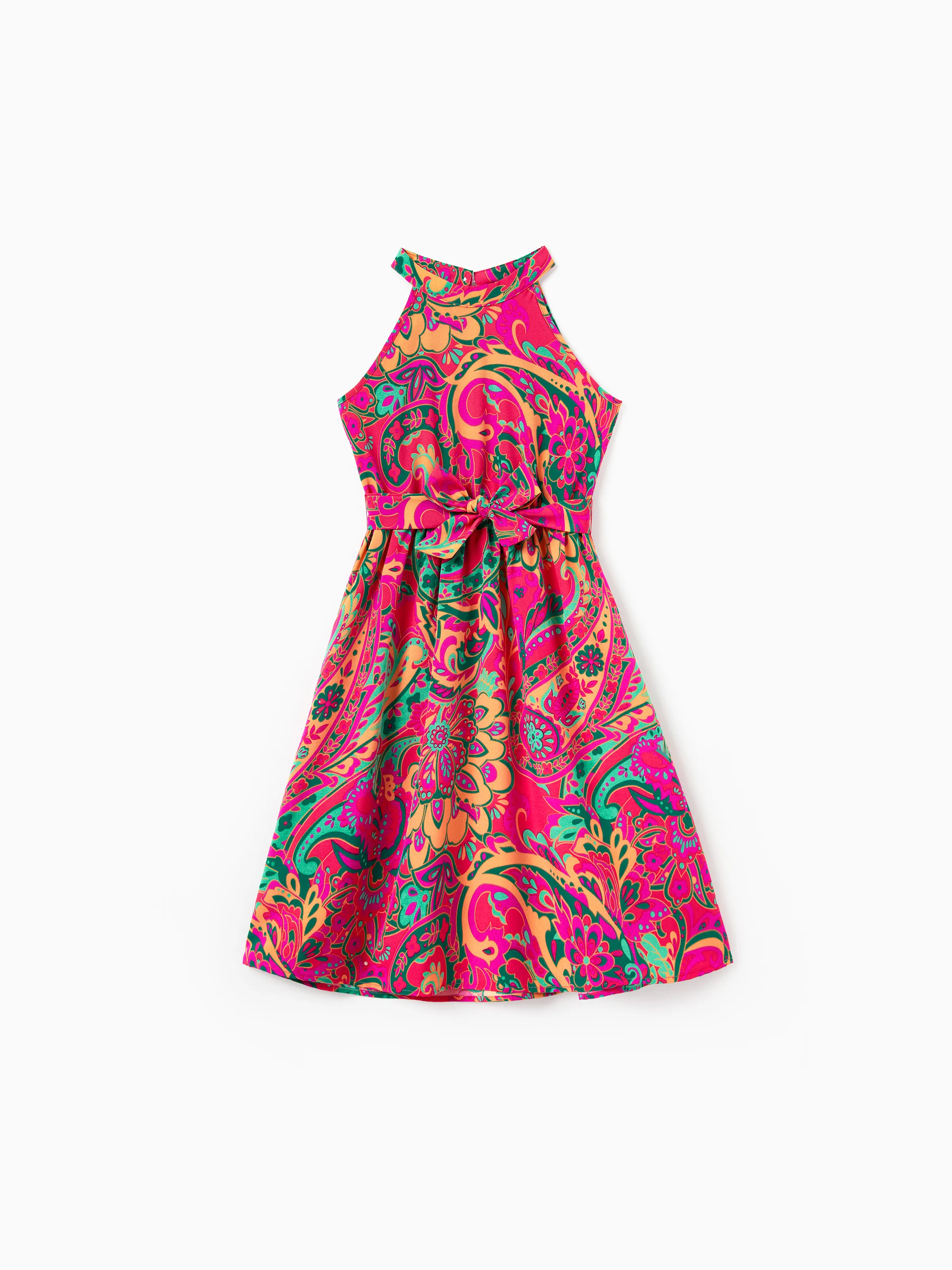 Mommy & me Outfit Set Sleeveless Halter Belted Dress or Short-sleeve Collar Shirt for Summer Vacation Hot Pink - Image 8