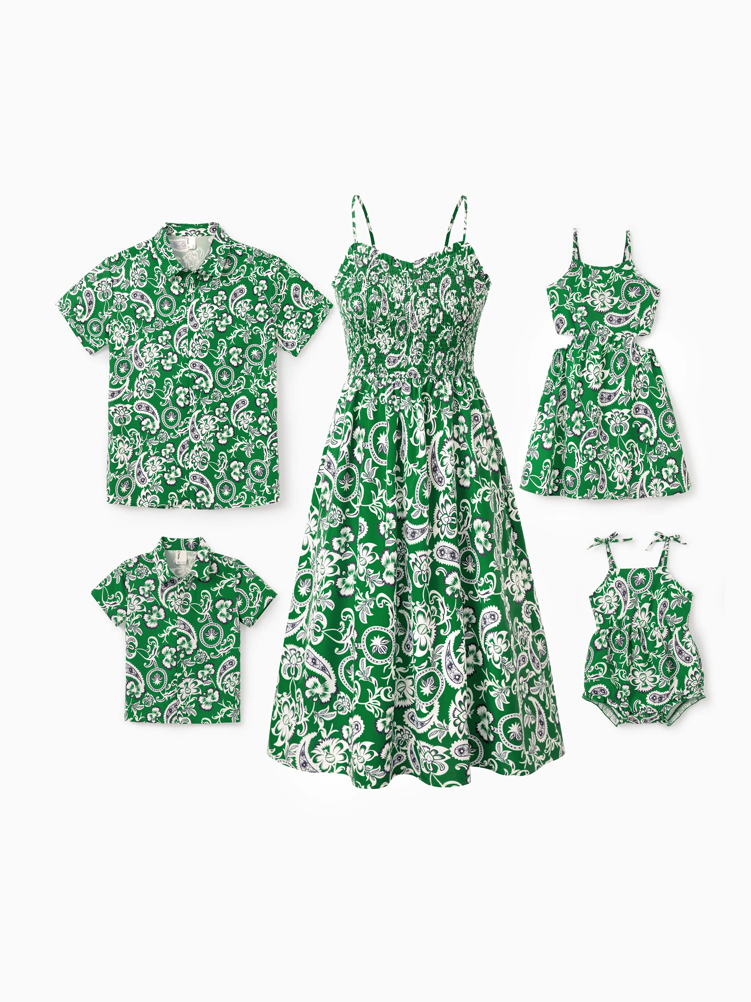 Mommy & me Outfits Set Floral Print Short-sleeve Collar Shirt or Strappy Smocked  Dress for Summer Vacation Green - Image 3
