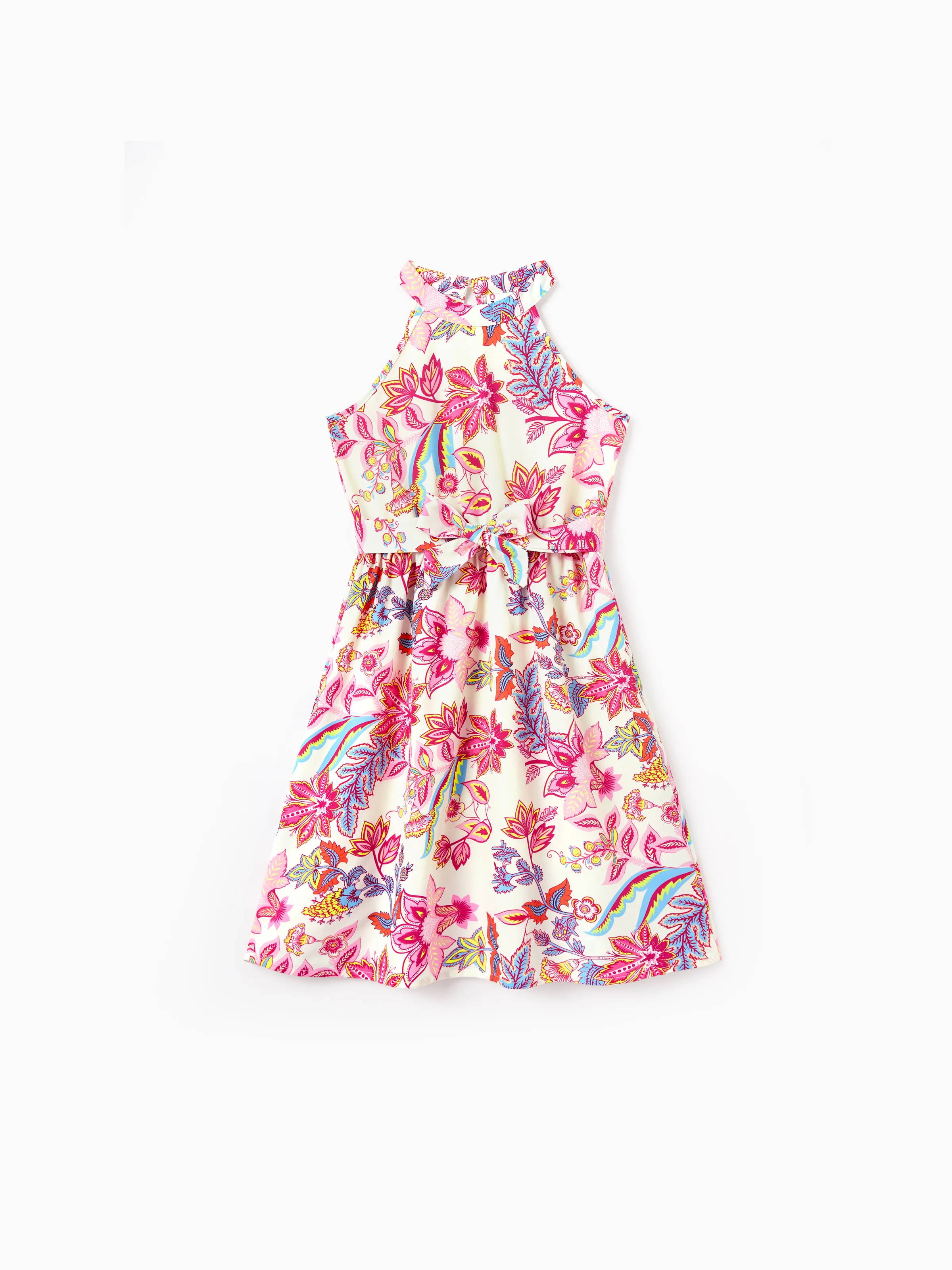 Mommy & me Outfits Set Tropical Flora Print Short-sleeve Collar Shirt or Halter Belted Dress for Summer Vacation Beige - Image 8