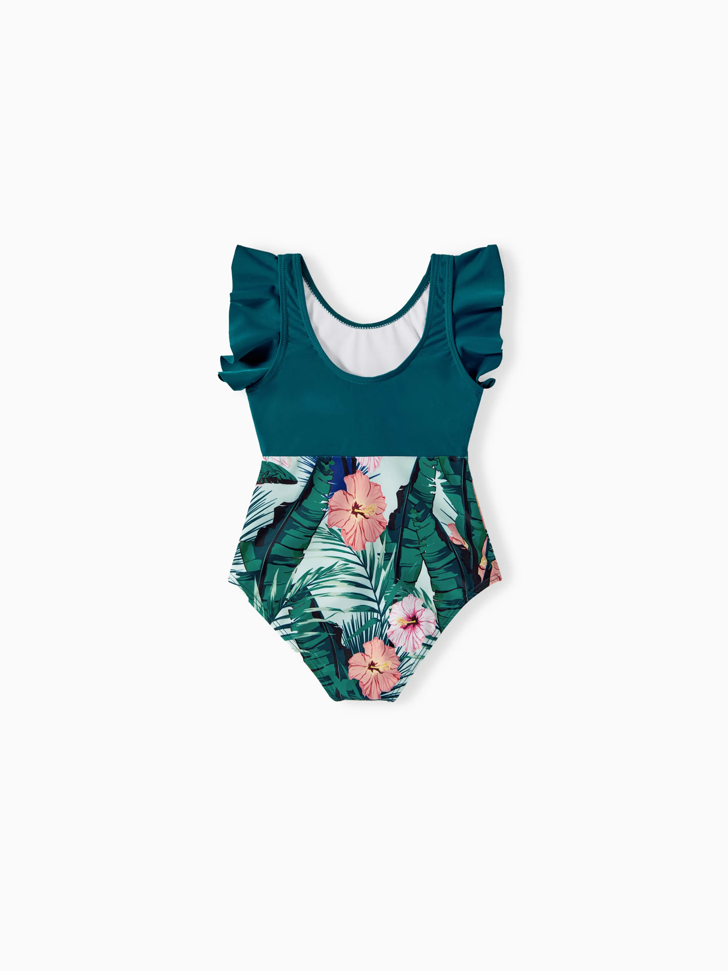 Mommy & me Plant Print Ruffle Trim Spliced One-piece Swimsuit Green - Image 11