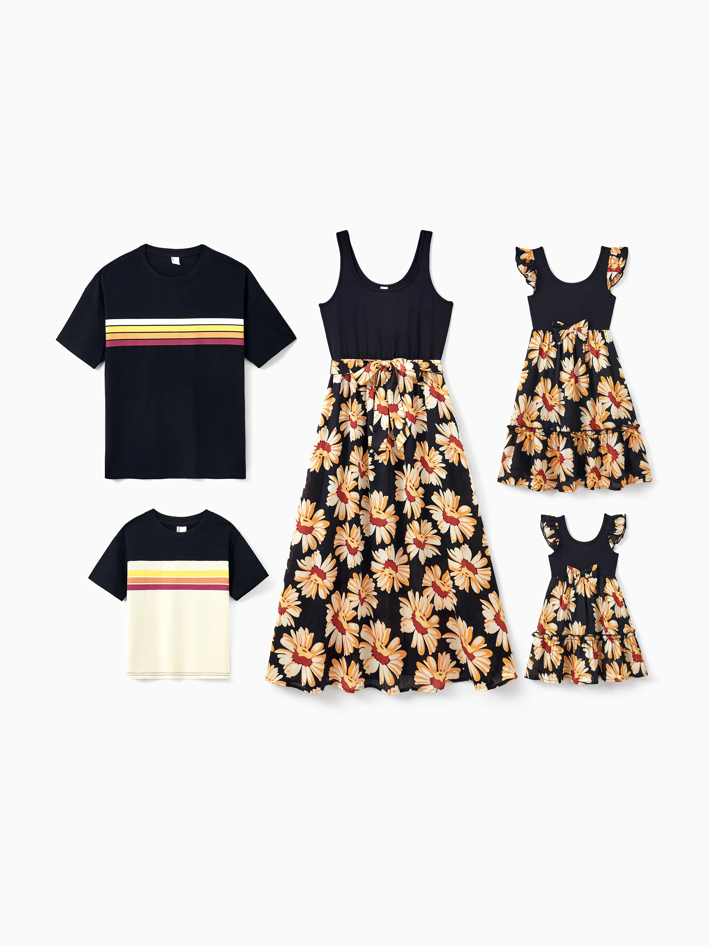 Mommy & me Set Floral Sleeveless Strappy Dress or Colorblock Short-sleeve T-shirt Black - Image 3