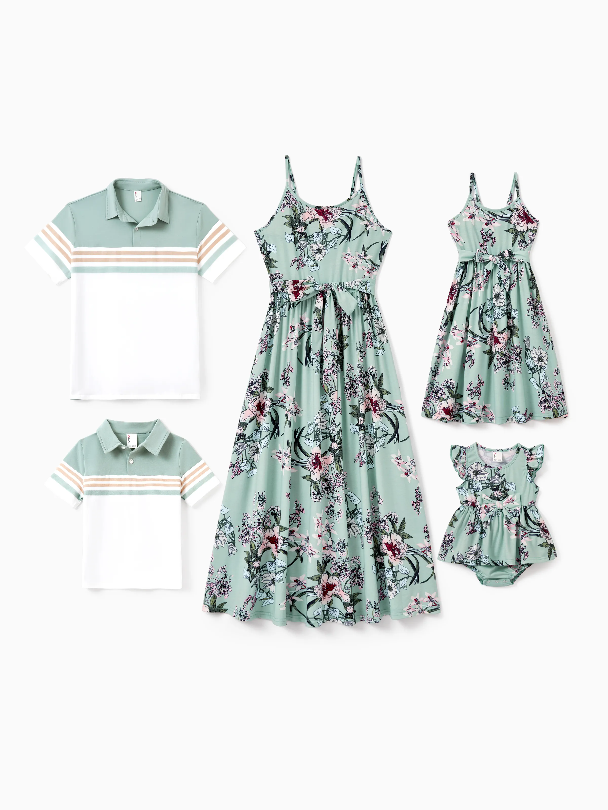 Mommy & me Sets Green Striped Polo Shirt or Flora Print Strap Belted Dress Light Green - Image 2