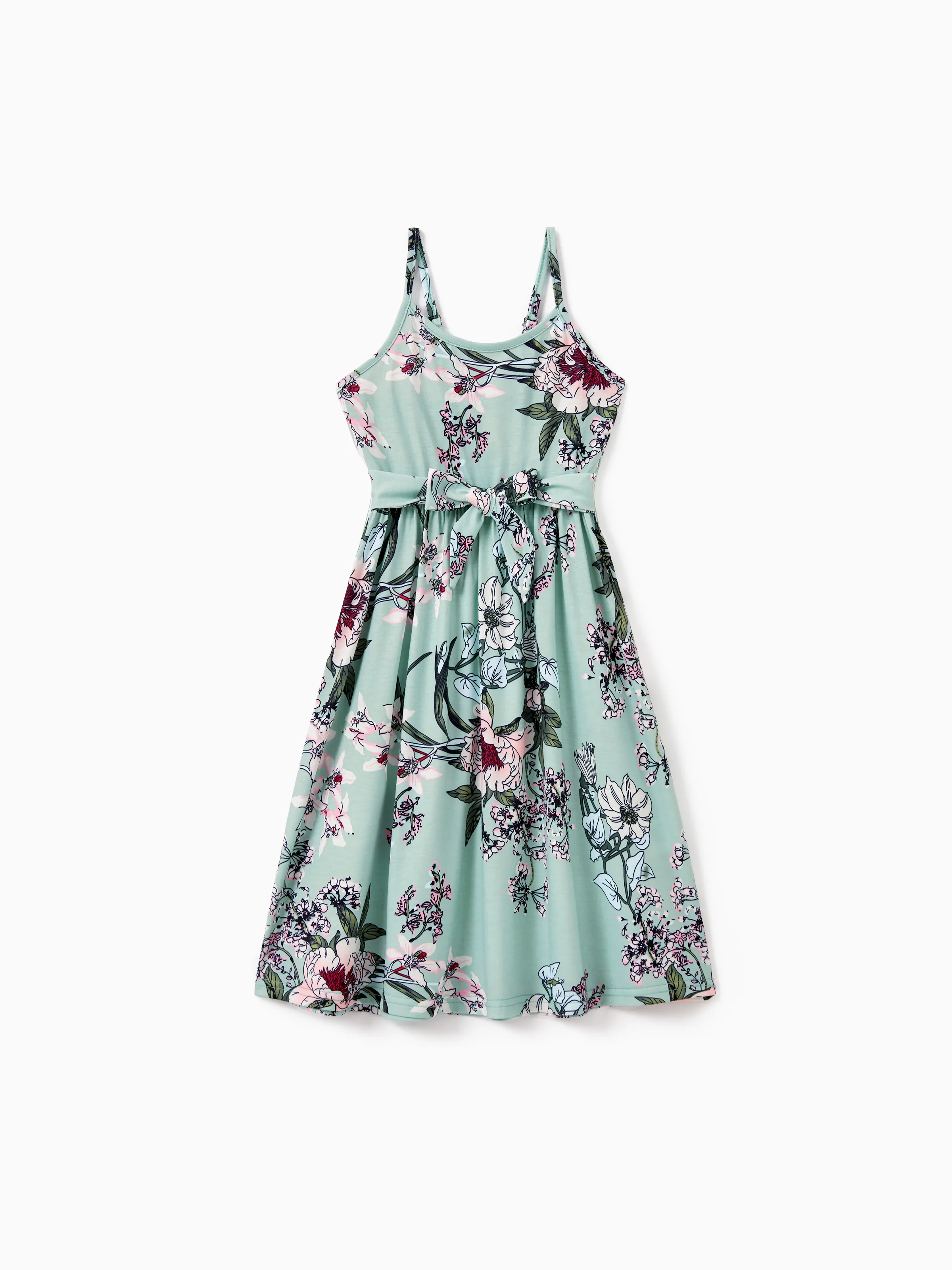 Mommy & me Sets Green Striped Polo Shirt or Flora Print Strap Belted Dress Light Green - Image 8