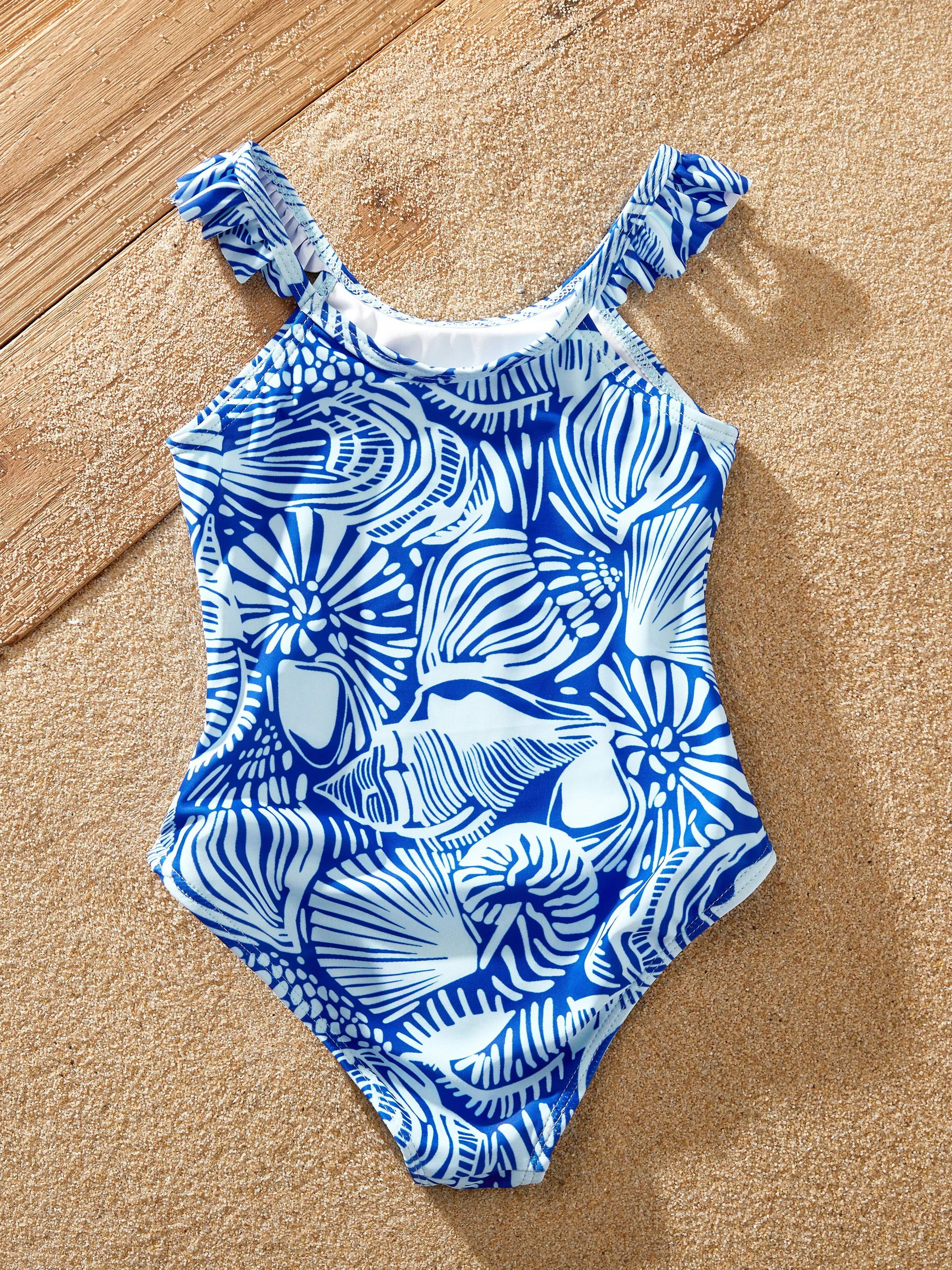 Mommy & me Shell Print Swimwear Floral two-piece Bikini & Swim Shorts Set for Mom, Dad, & Kids, Perfect for Beach Days & Pool Parties Blue - Image 14