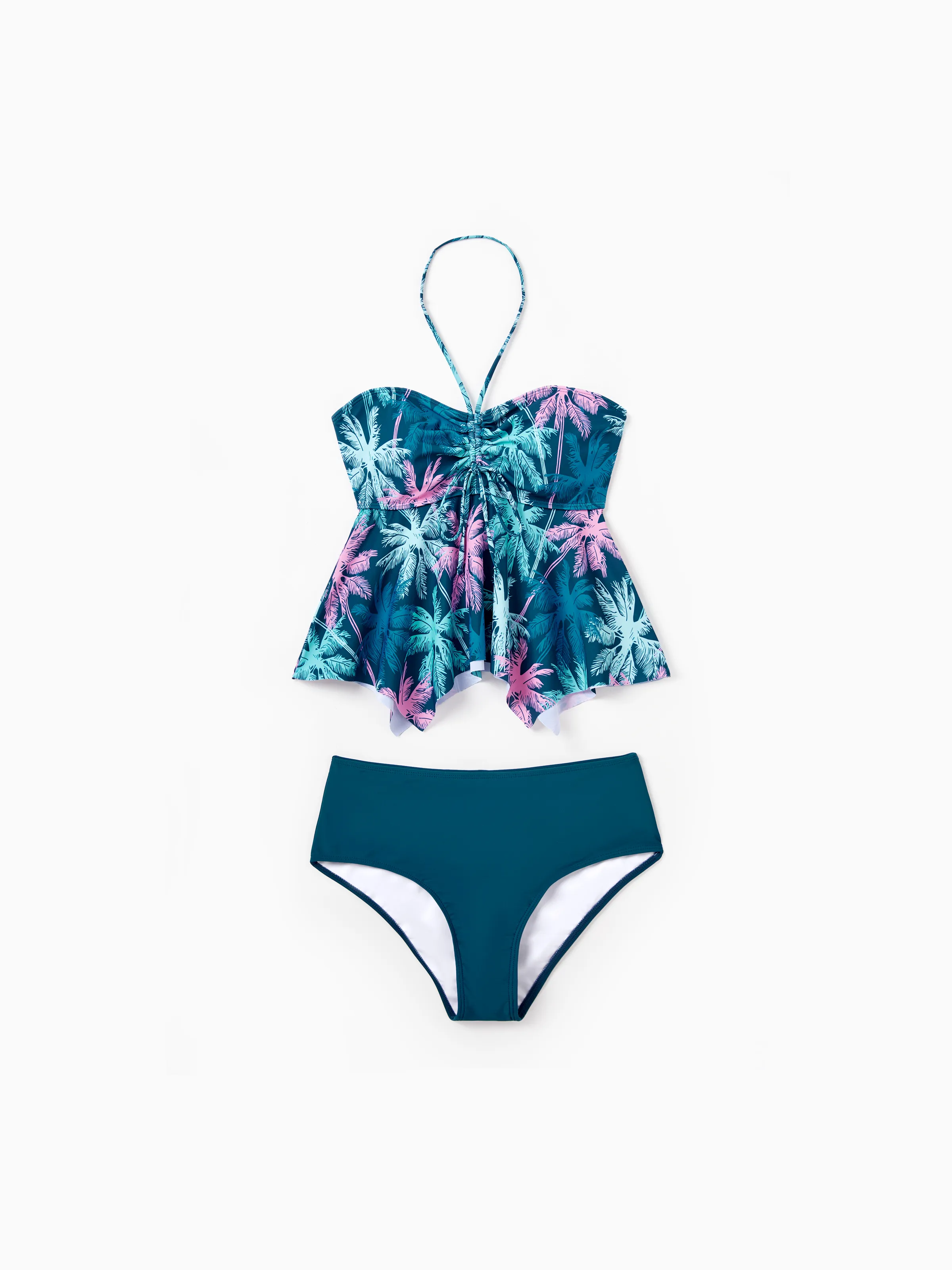 Mommy & me Swimsuits Tropical Palm Tree Print, Mommy and Me Ruffle two-piece Swimsuit, Beach Vacation Swimwear Turquoise - Image 6