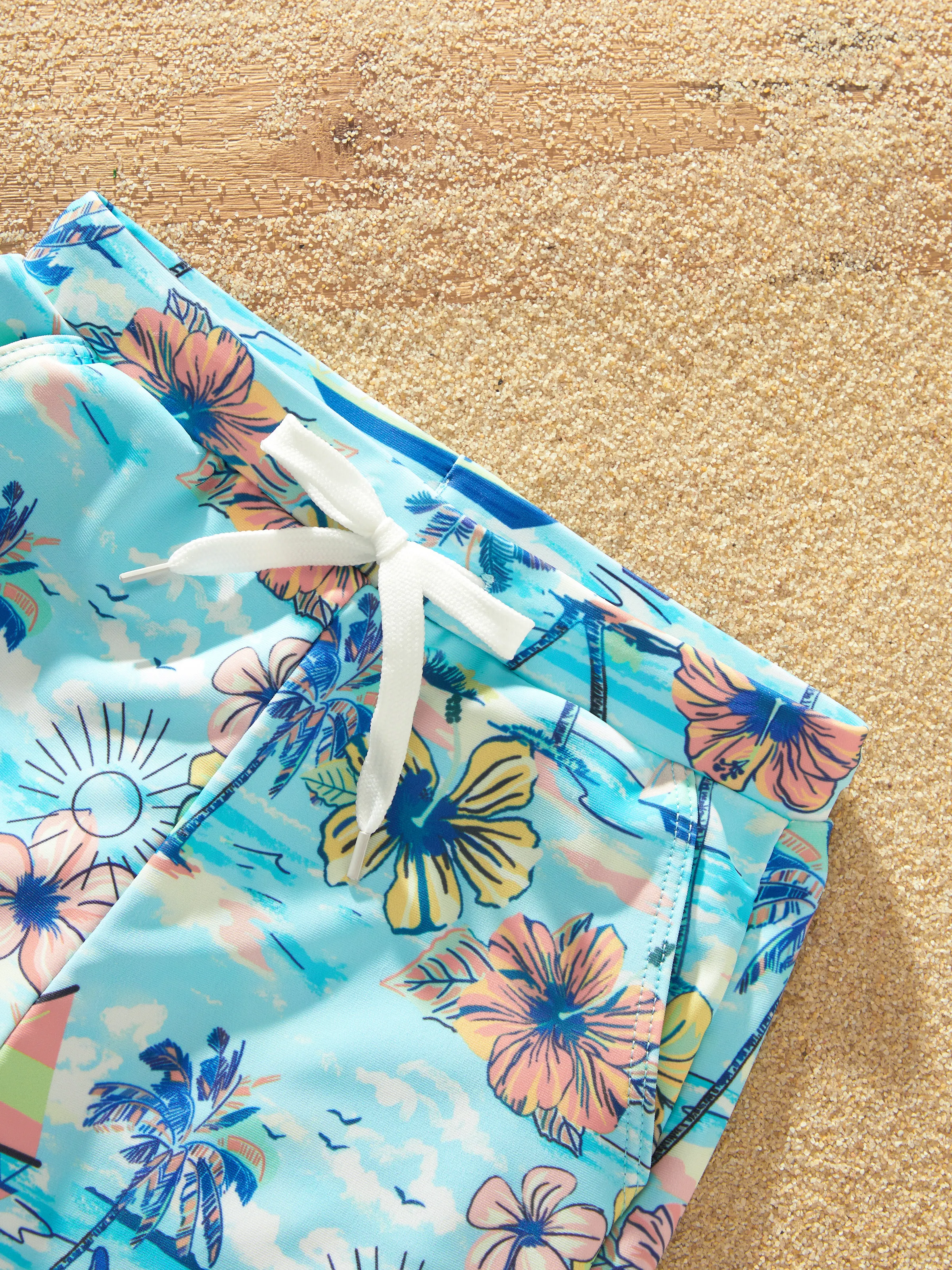 Mommy & me Swimwear Tropical Print, Mommy Tie-front Cutout One-piece Swimsuit, Girl two-piece Swimsuit Daddy & Son Swim Trunks Set for Summer Beach Vacation Light Blue - Image 22