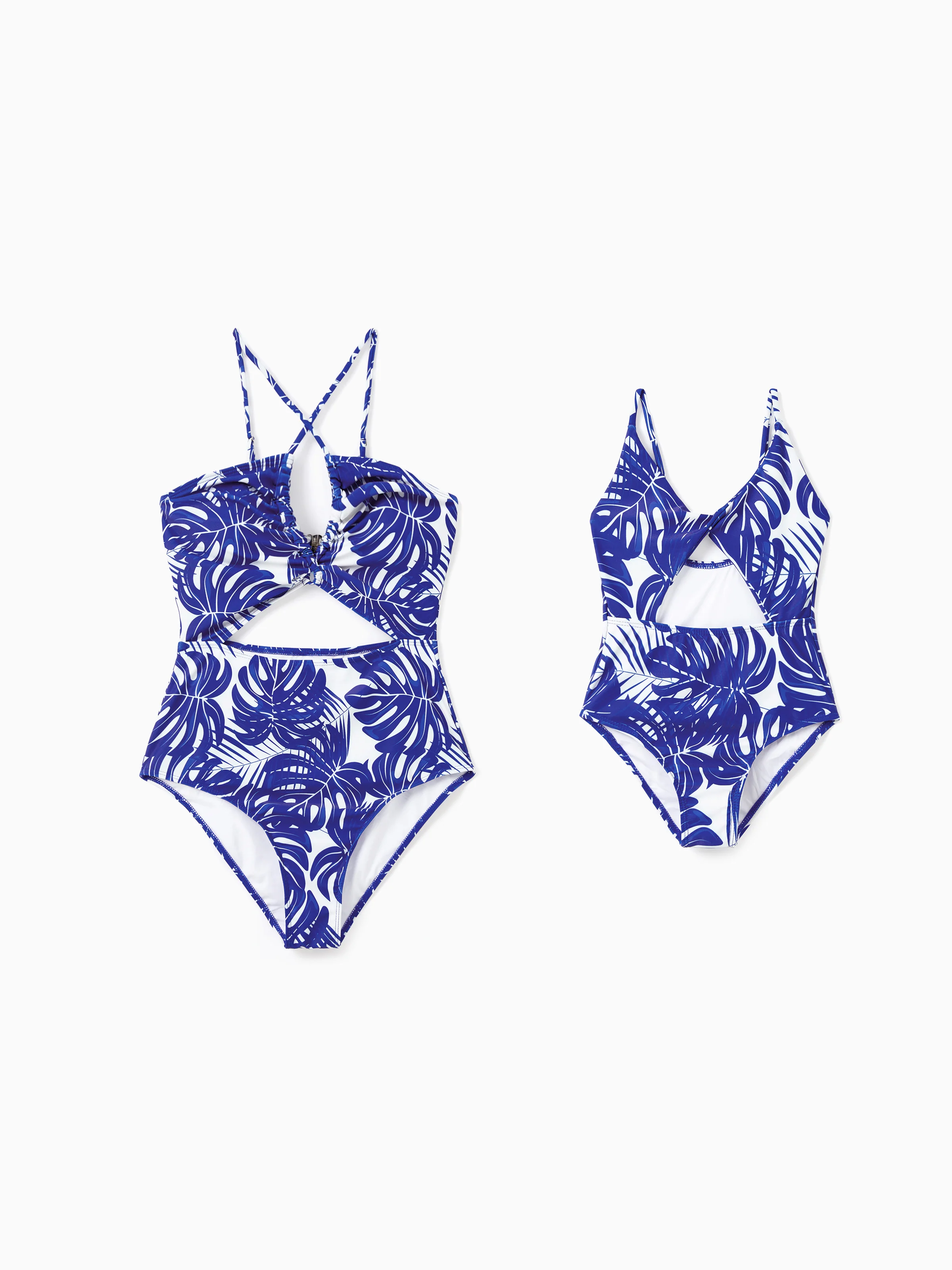 Mommy & me Tropical Leaf Print Hollow-out Crisscross Straps One-piece Swimsuit Blue