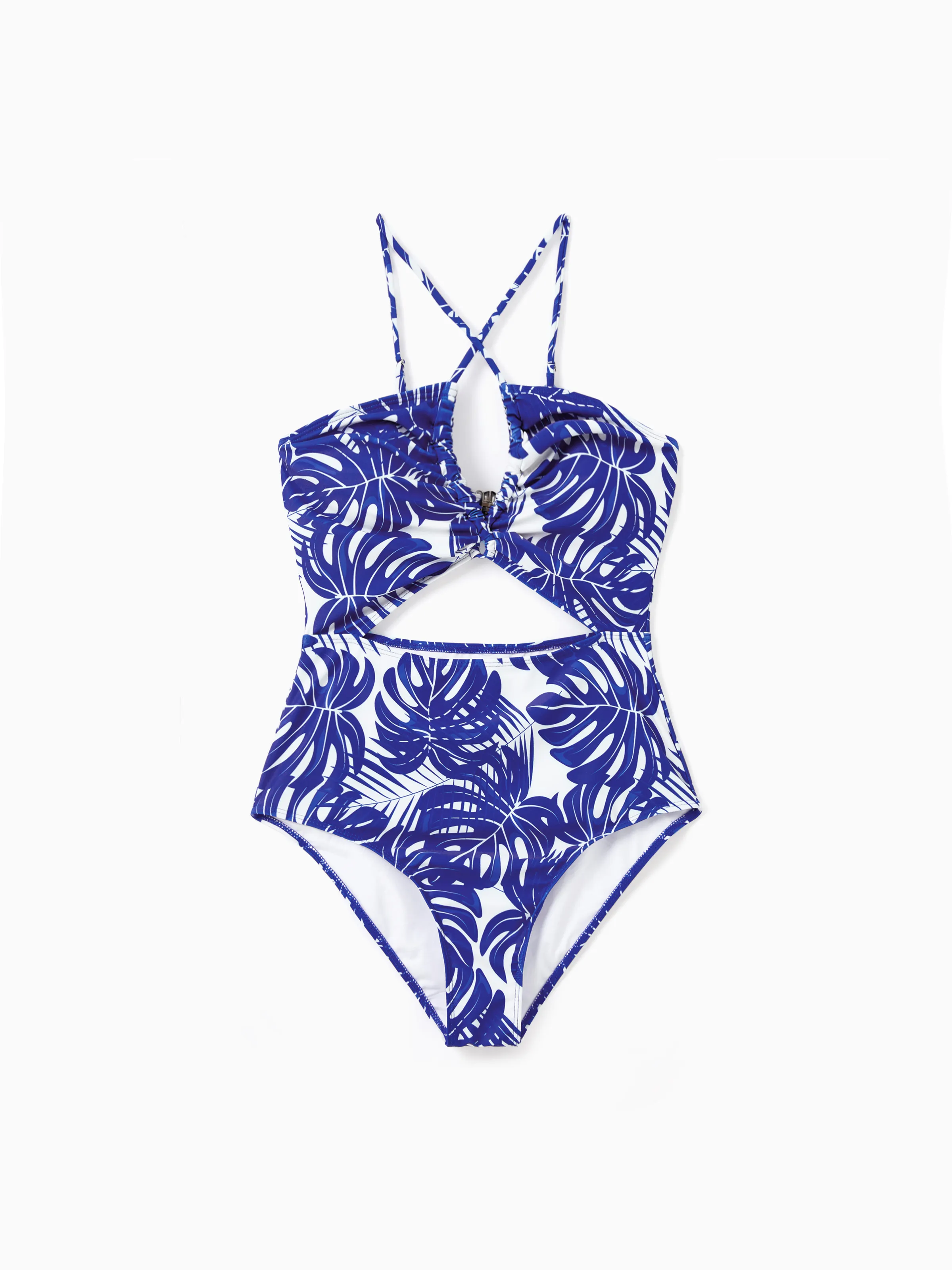 Mommy & me Tropical Leaf Print Hollow-out Crisscross Straps One-piece Swimsuit Blue - Image 3