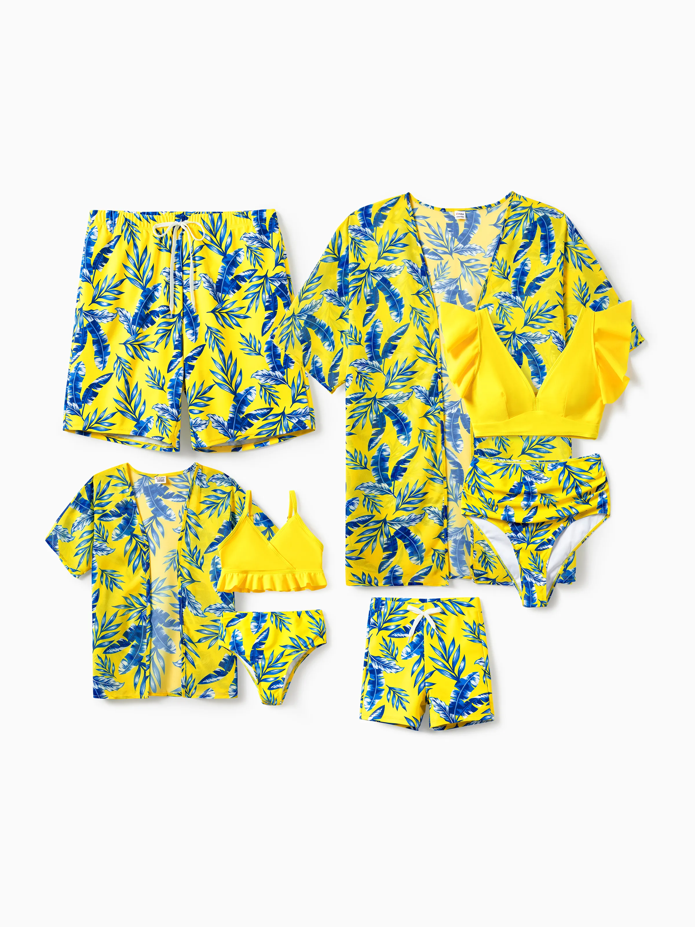 Mommy & me Yellow Leaf Print Ruched Flutter Sleeve Bikini with Optional Swim Cover Up Yellow - Image 2