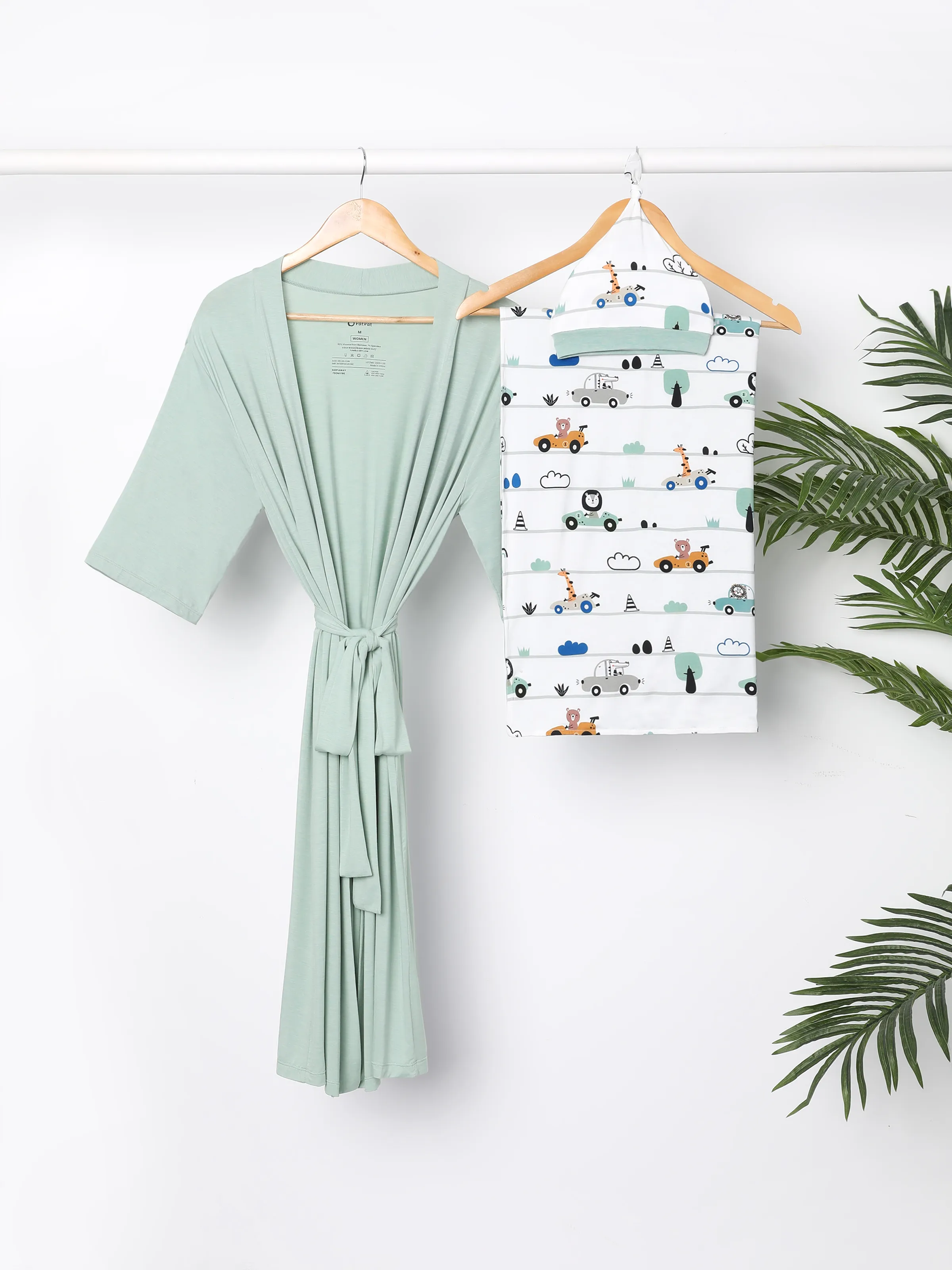 Newborn Bamboo Set for Mom & Baby Ultra Soft Bamboo Robe for Mom, Swaddle Blanket with Hat, Breathable & Gentle for Newborn Care Mint Green
