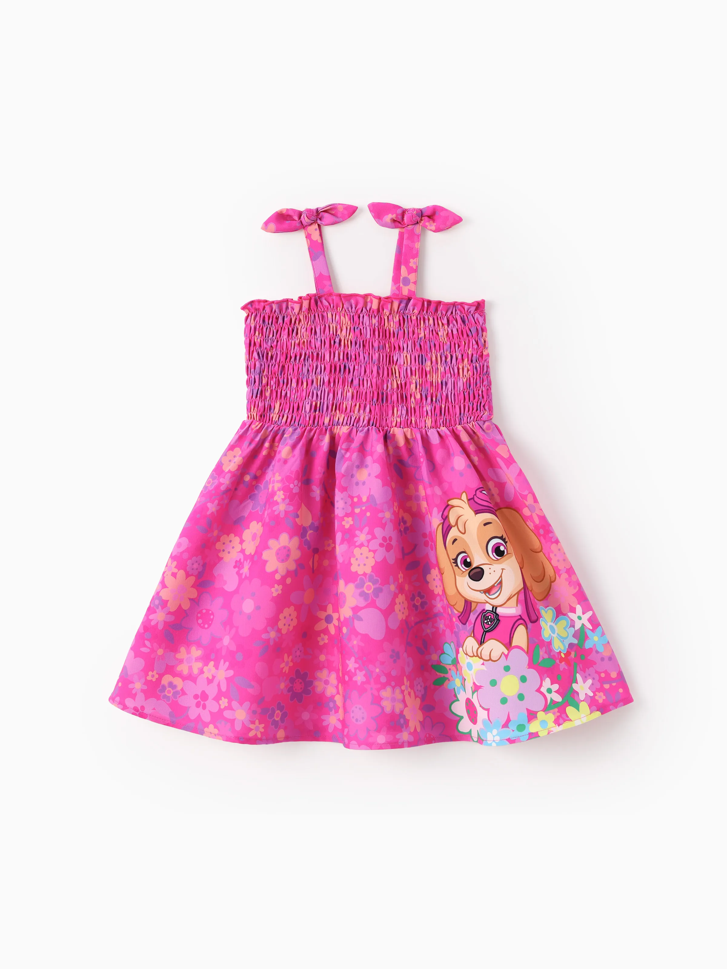PAW Patrol Toddler Girl 1pc Skye Floral Print Bowknot Smocking Dress Hot Pink