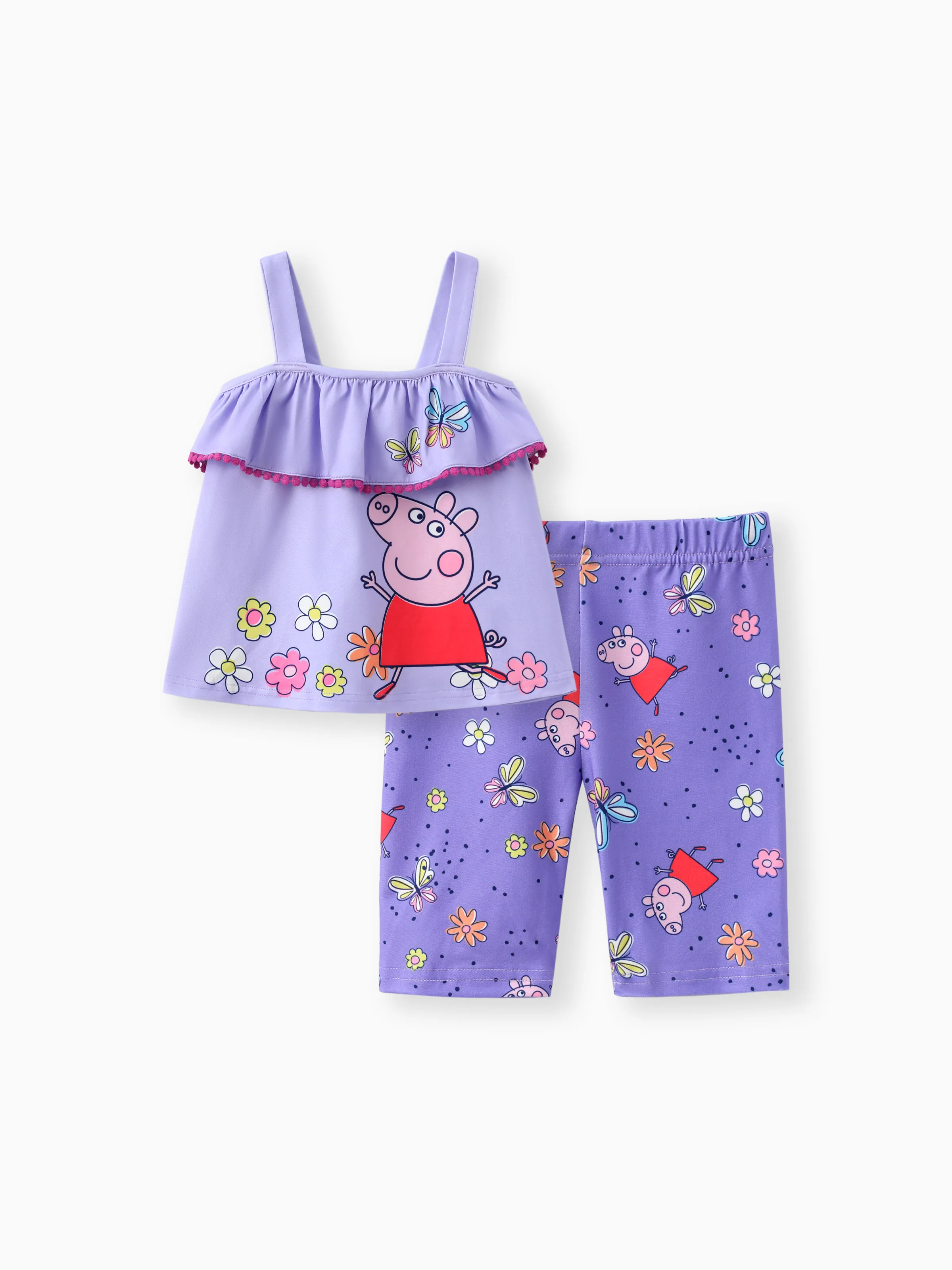 Peppa Pig Toddler Girl 2pcs Floral Butterfly Print Ruffled Sleeveless Top with Pants Set Purple