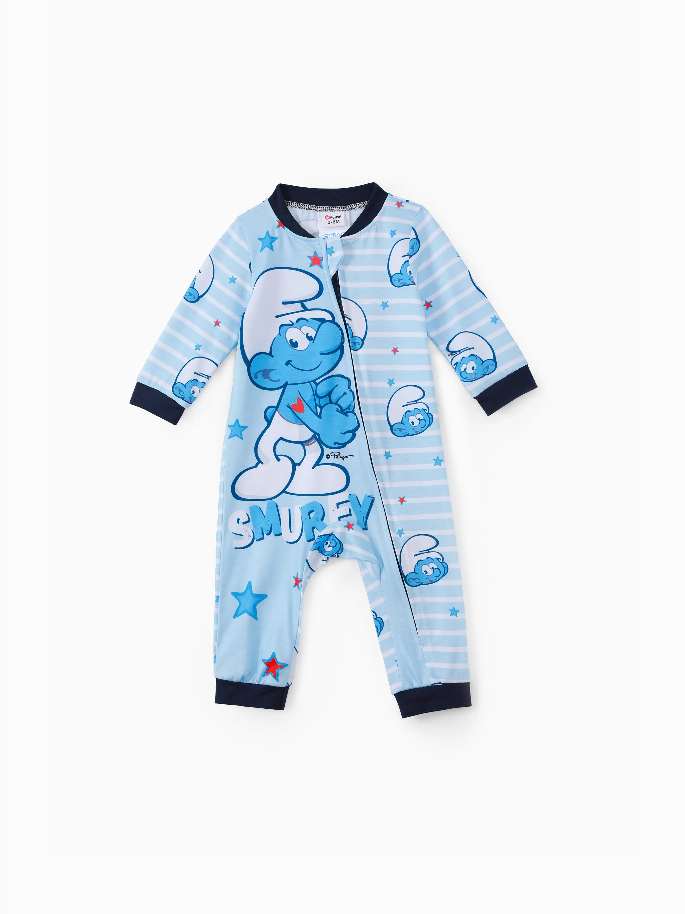 Smurfs Baby Boy Allover Print Striped Zipper Long-sleeve Jumpsuit Color block