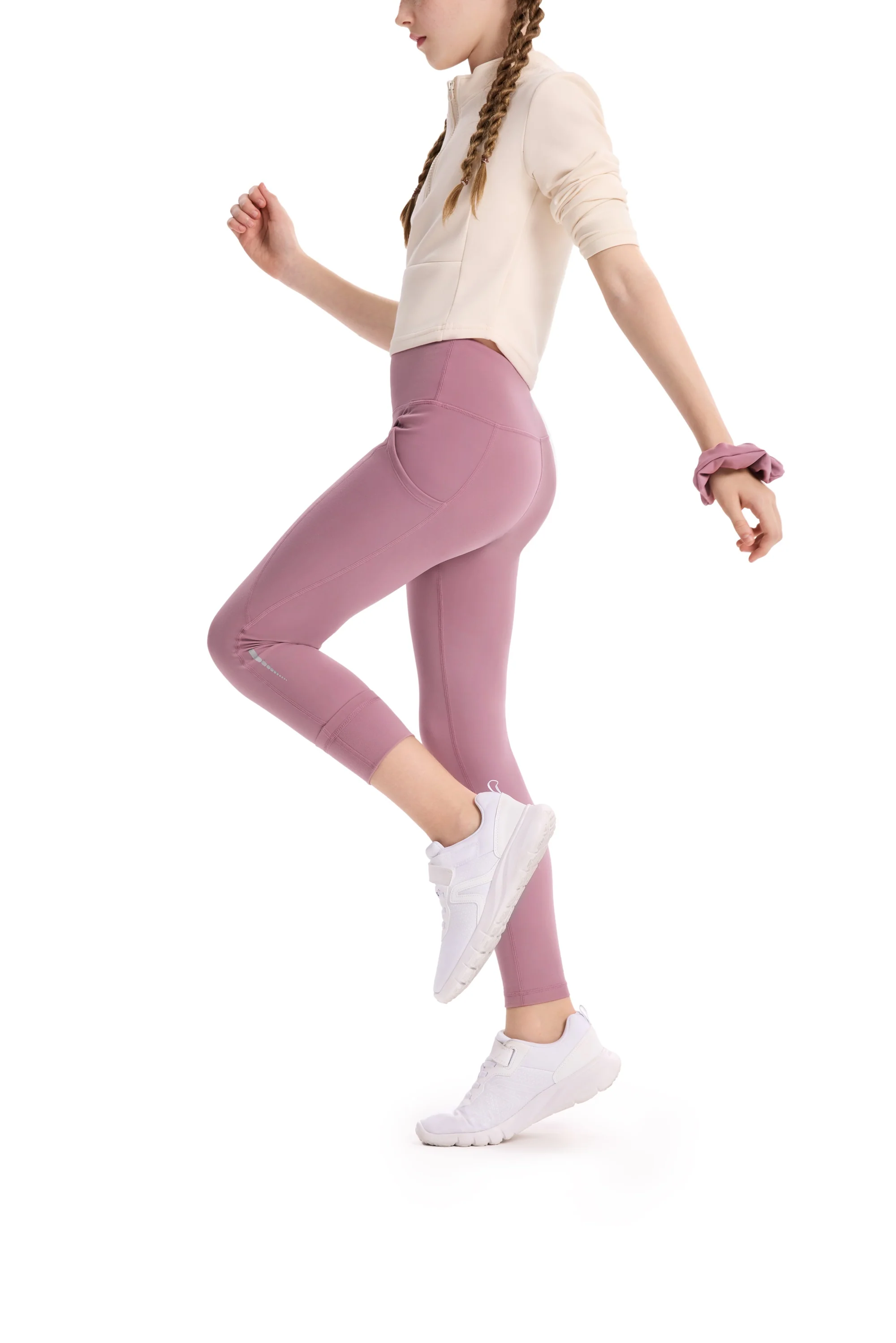 Girl's Leggings High-Waist Yoga Pants Solid Color Leggings with Complimentary Matching Scrunchie Purple