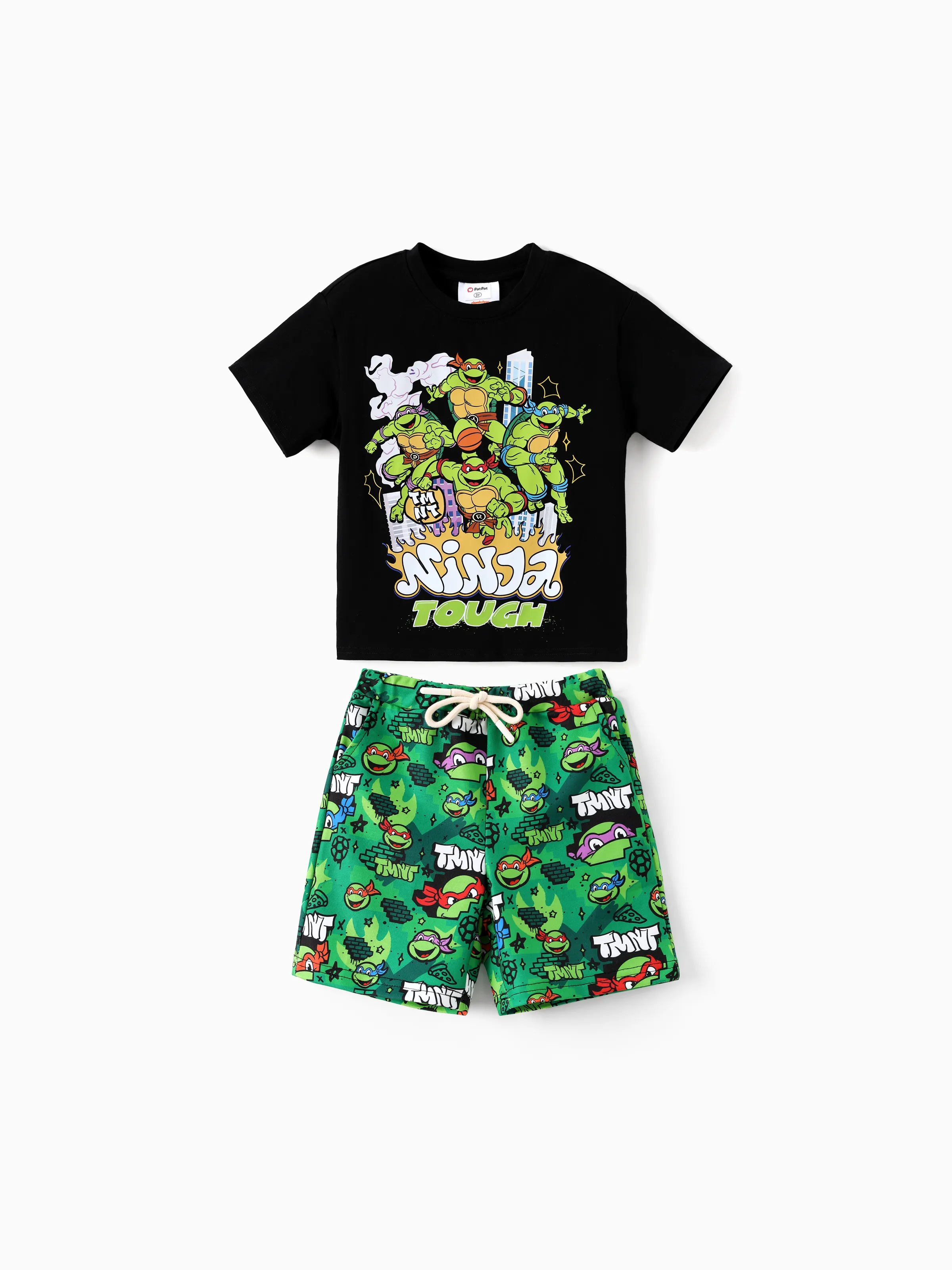 Teenage Mutant Ninja Turtle Toddler/Kid Boy 2pcs Cotton TMNT Character Streetwear Graffiti Print Short-sleeve Top And Shorts Set Green