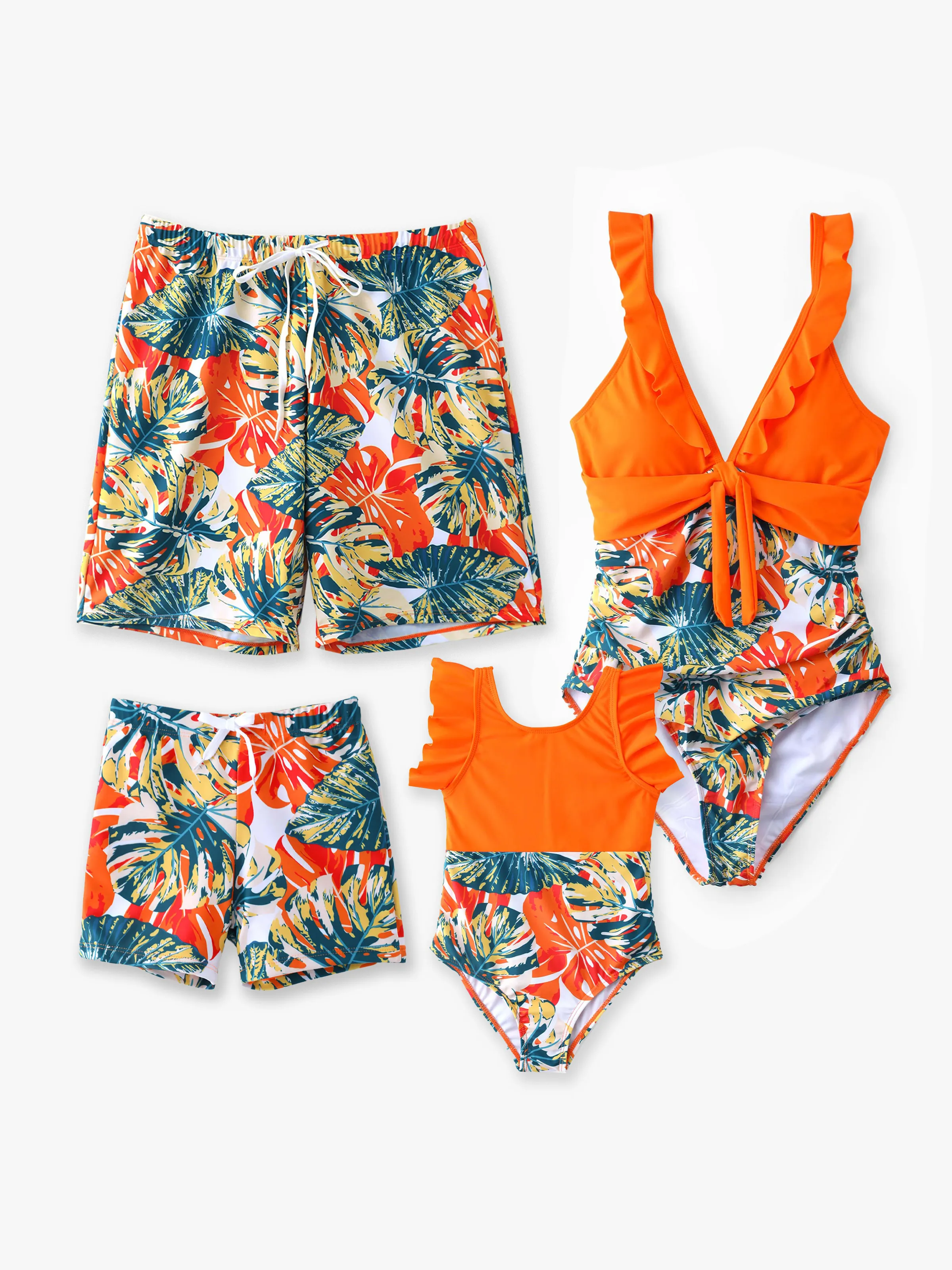 Toddler Boy Orange and All Over Tropical Plant Print Splicing Ruffle Swim Trunks Shorts Orange color - Image 2
