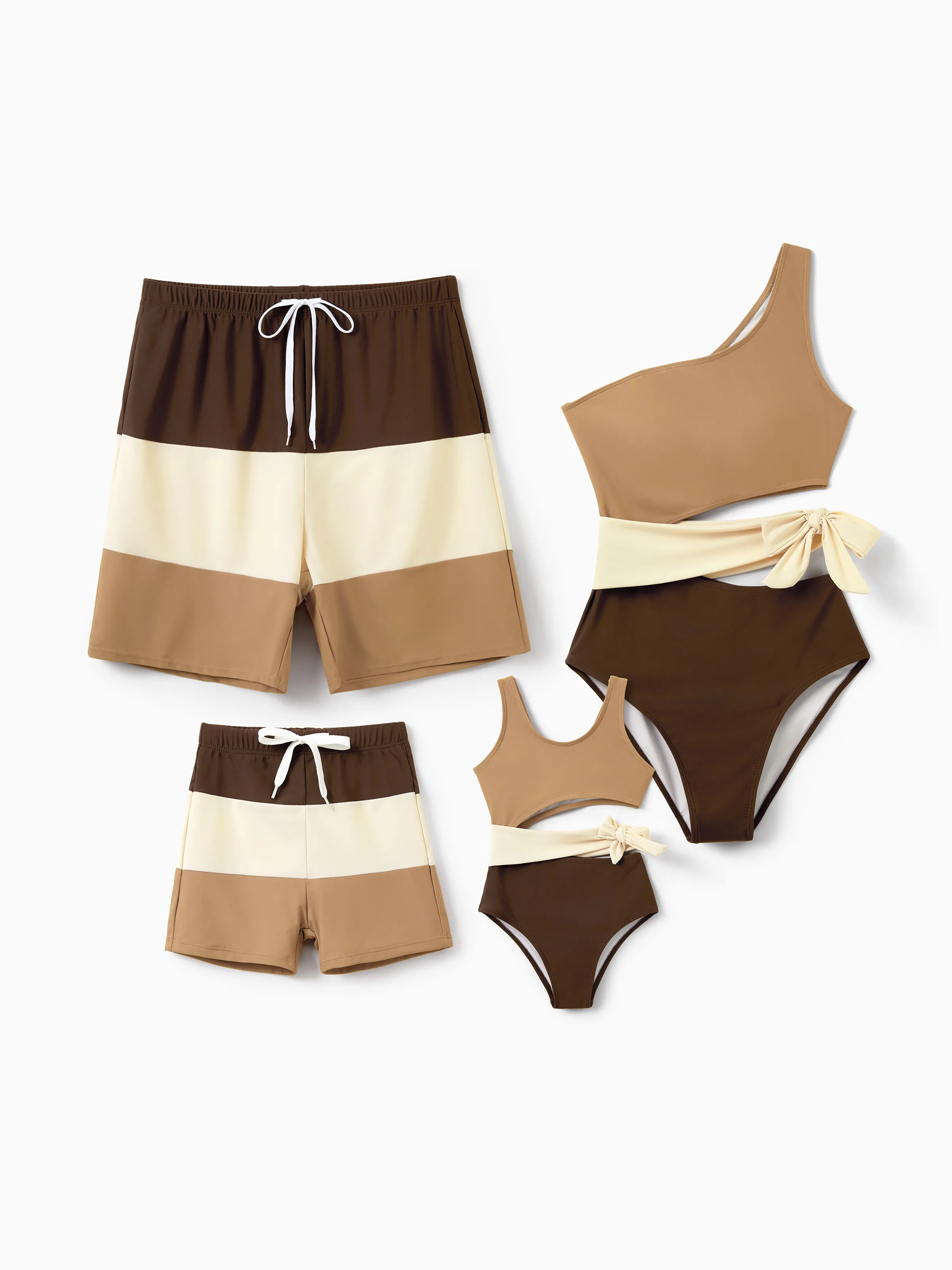 Toddler Girl Color Block Swimsuits, Summer Beach Vacation Swimwear Coffee - Image 2