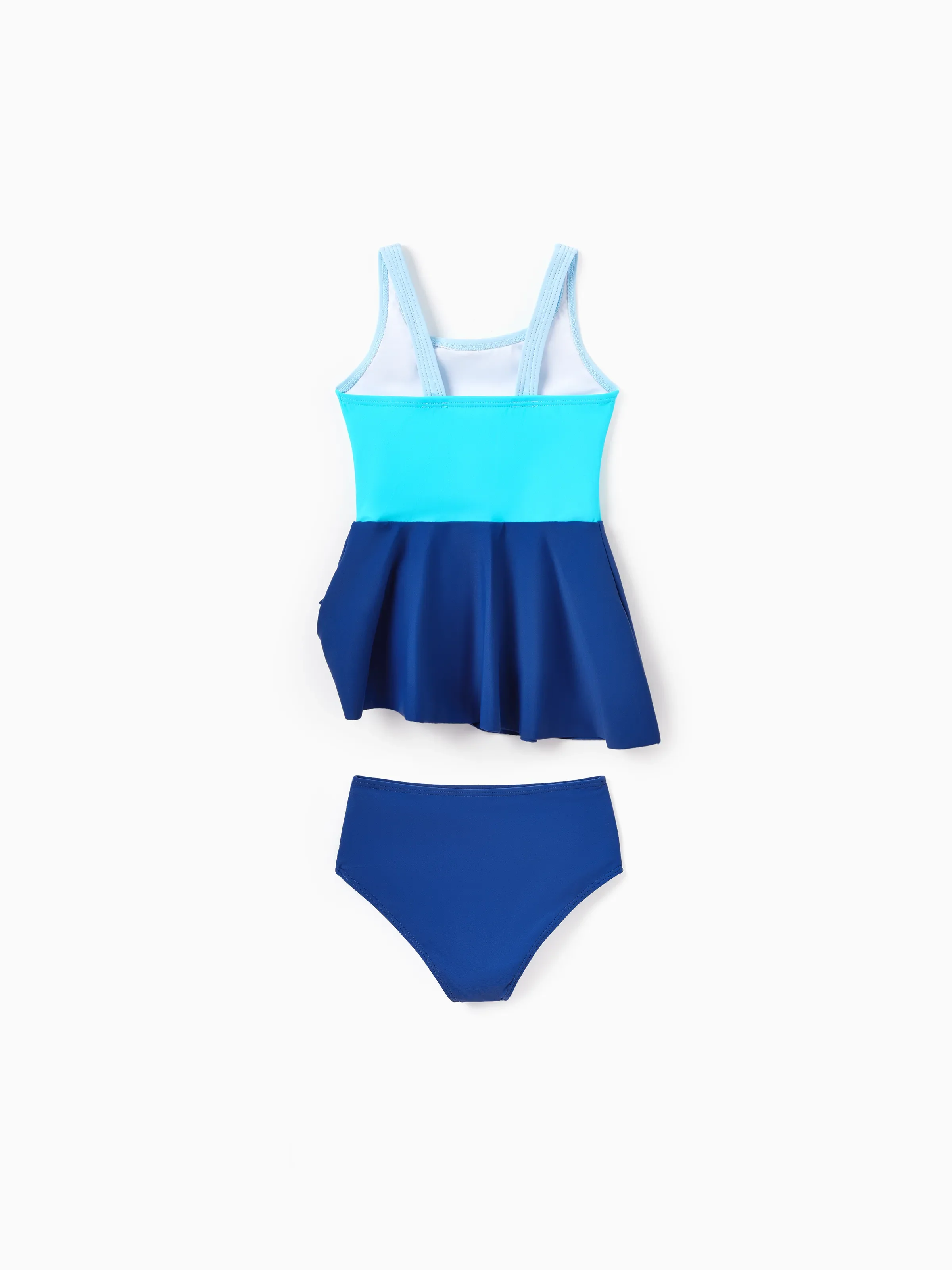 Toddler Girl Color Block Swimsuits One Shoulder Swim Dress Blue - Image 3