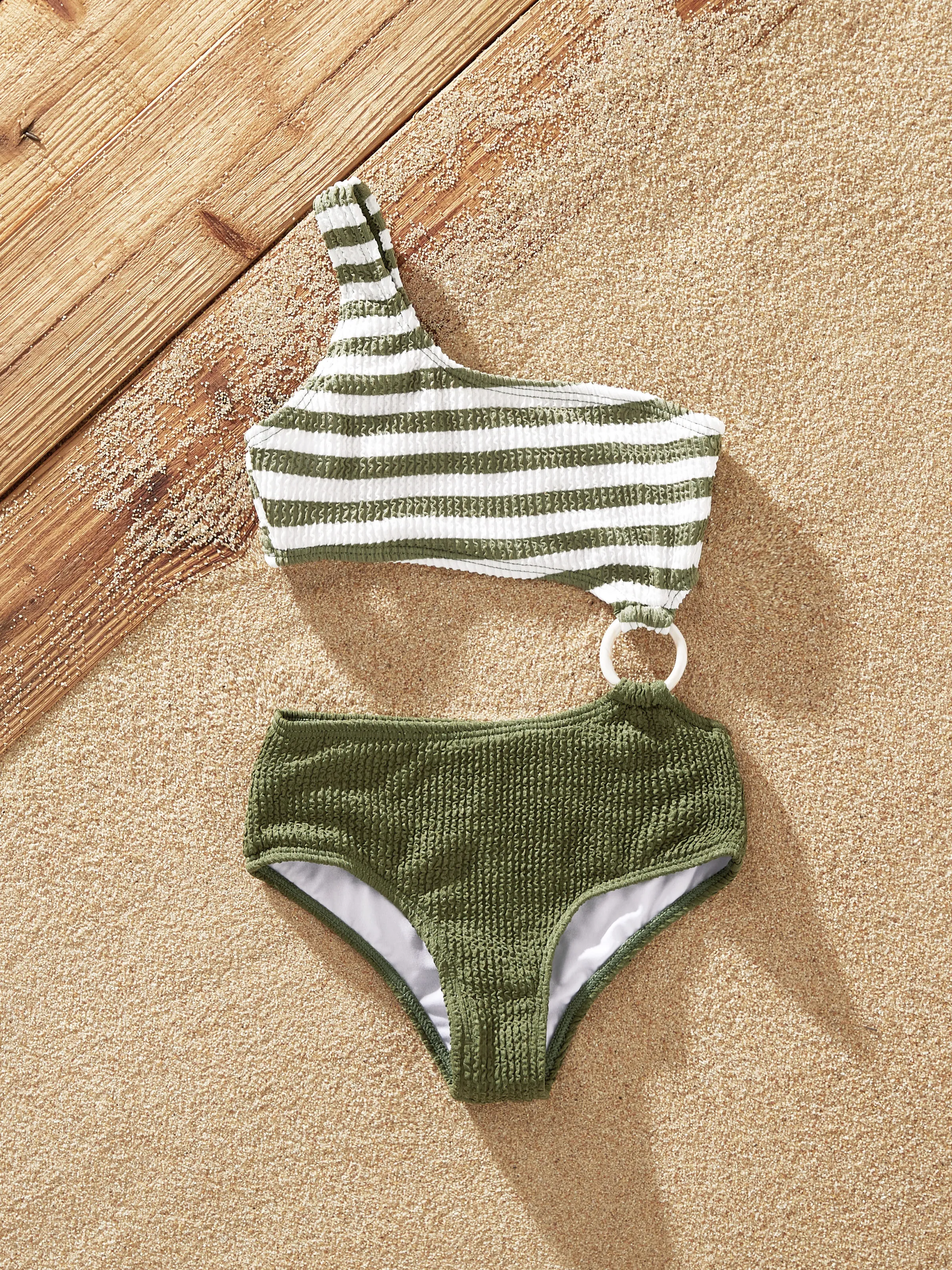 Toddler Girl Colorblock Stripe One Piece One Shoulder Swimsuit Army green
