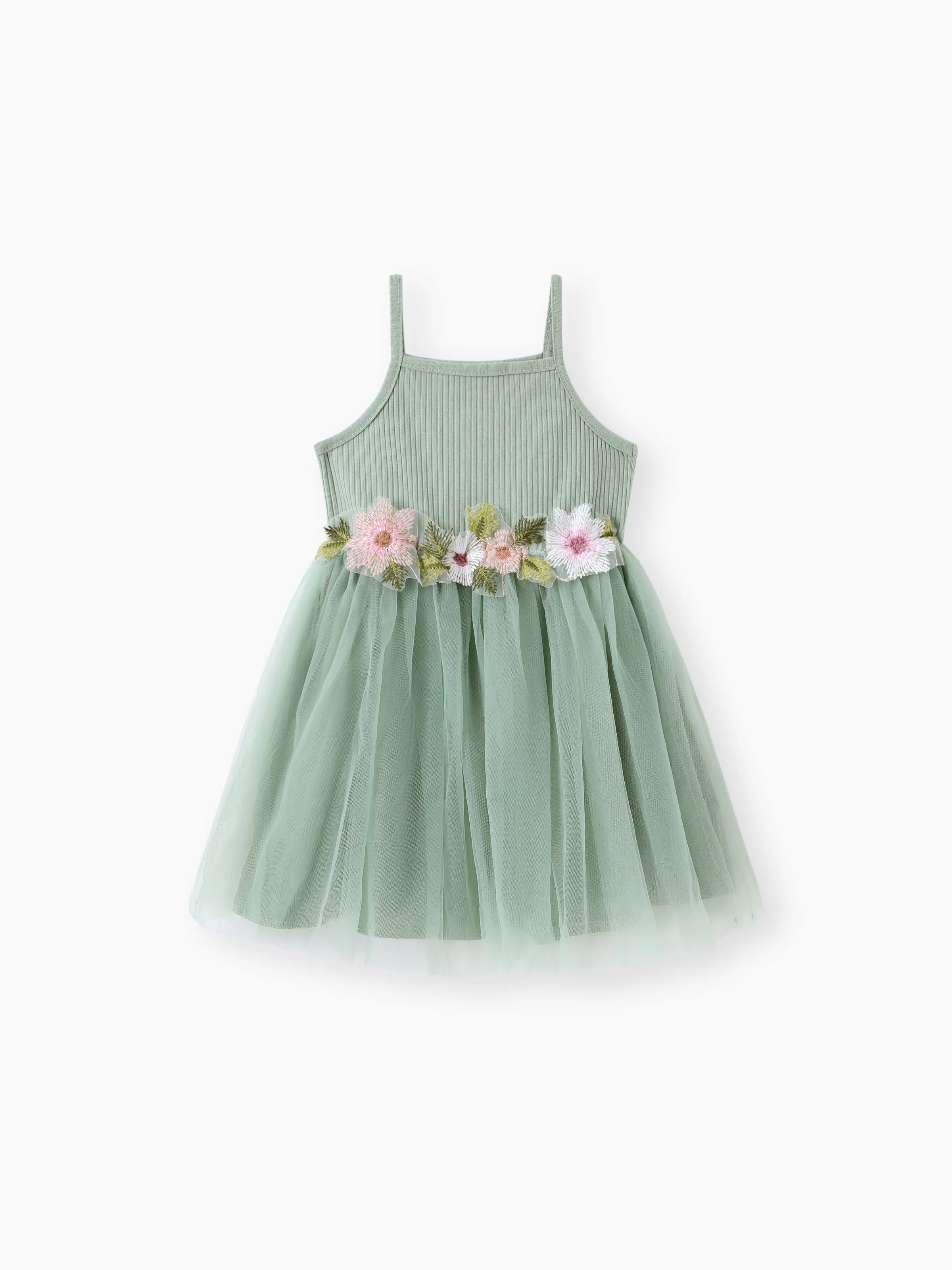 Toddler Girl Sweet Floral Decor Ribbed Panel Mesh Overlay Fairy Dress Green