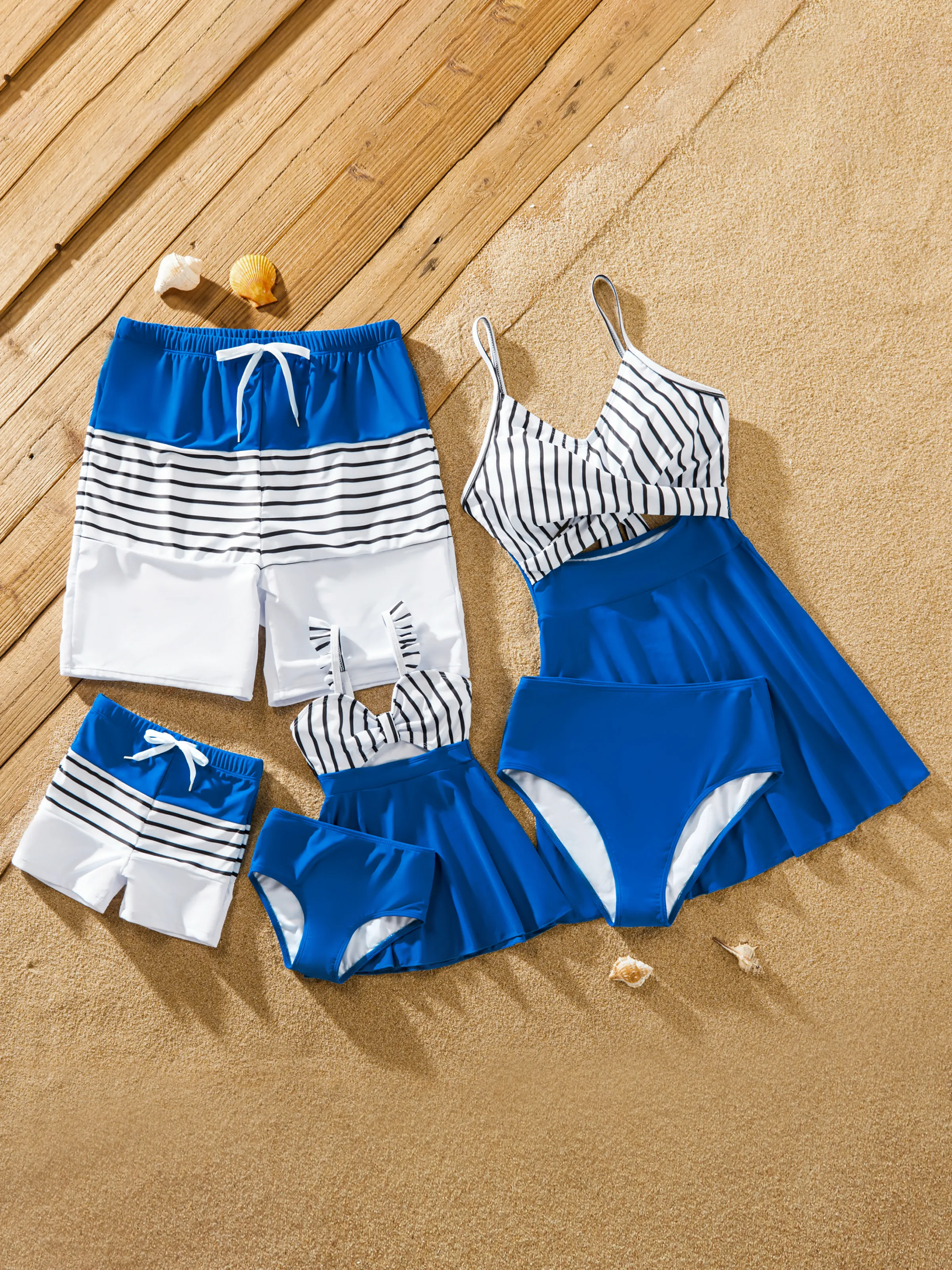 Toddler Girl Swimsuit Colorblock Drawstring Striped Blue Spliced Tankini with Cross-Front, Tie-Back, and Thin Straps Color block - Image 2