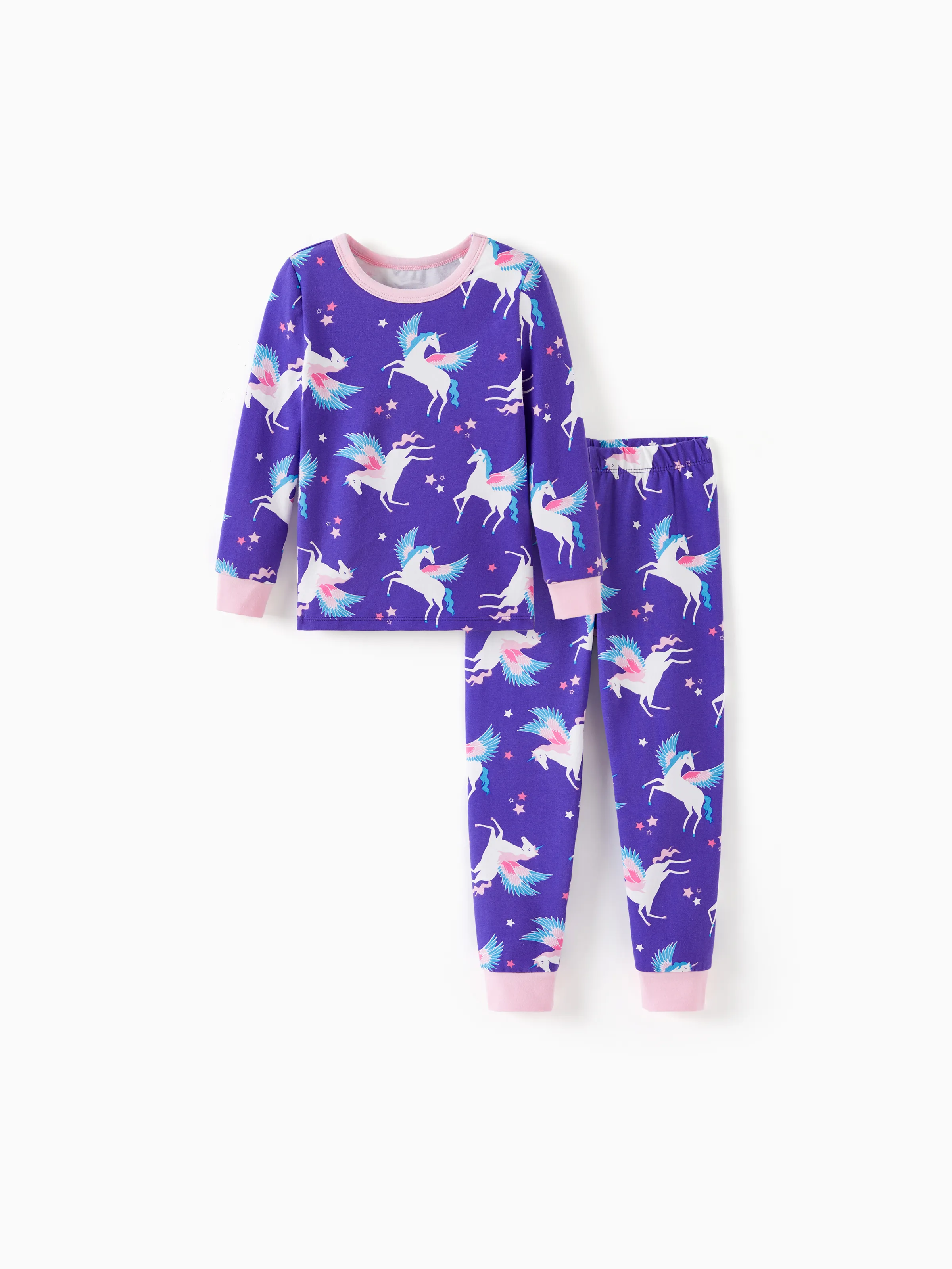Toddler / Kids 2-piece Organic Cotton Pajamas with Childlike Print Snug fit Pjs for Girls / Boys Purple