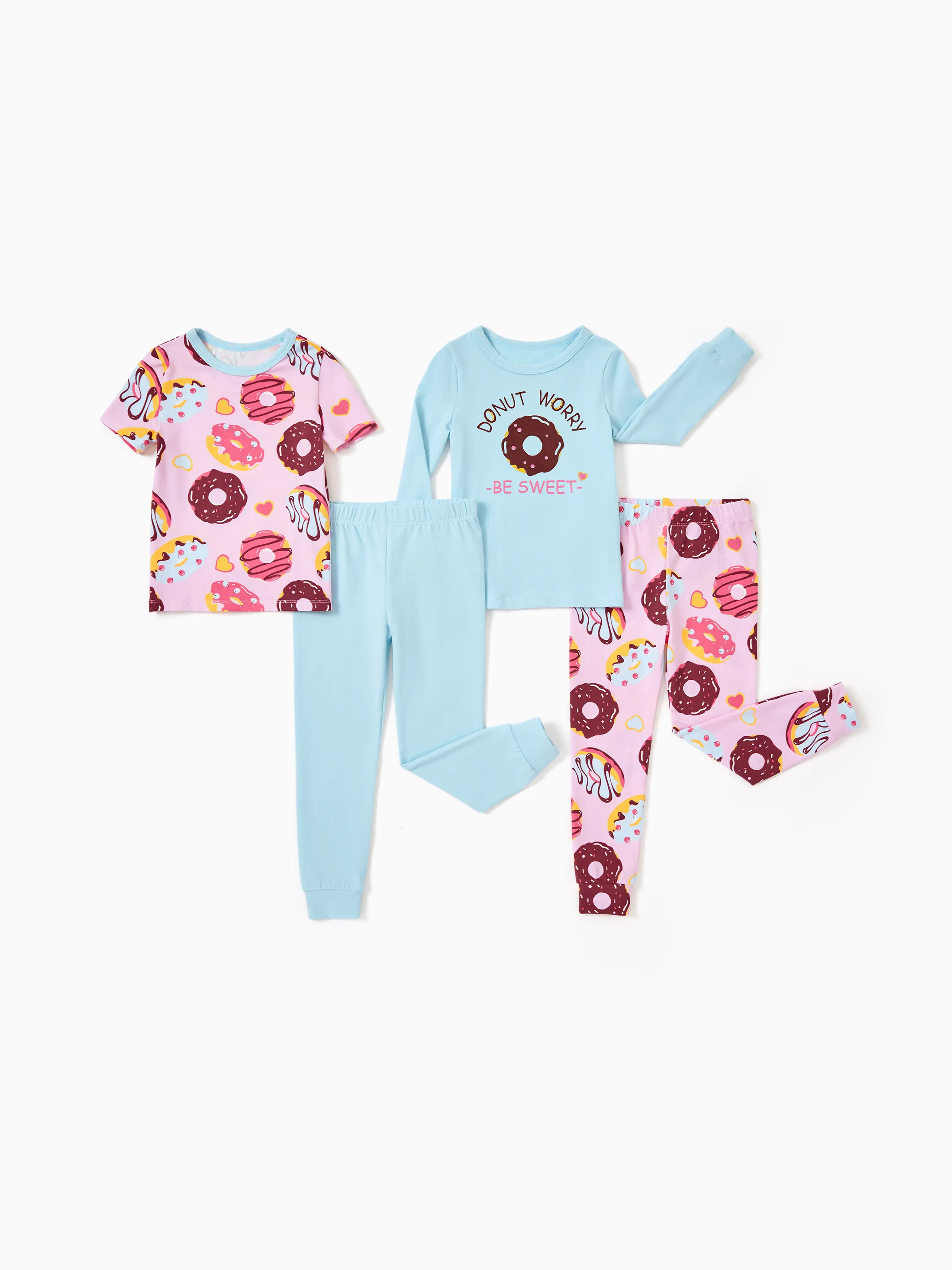 Toddler / Kids 4-piece Organic Cotton Pajamas 4-in 1 Snug fit PaJama Set for Girls Light Blue
