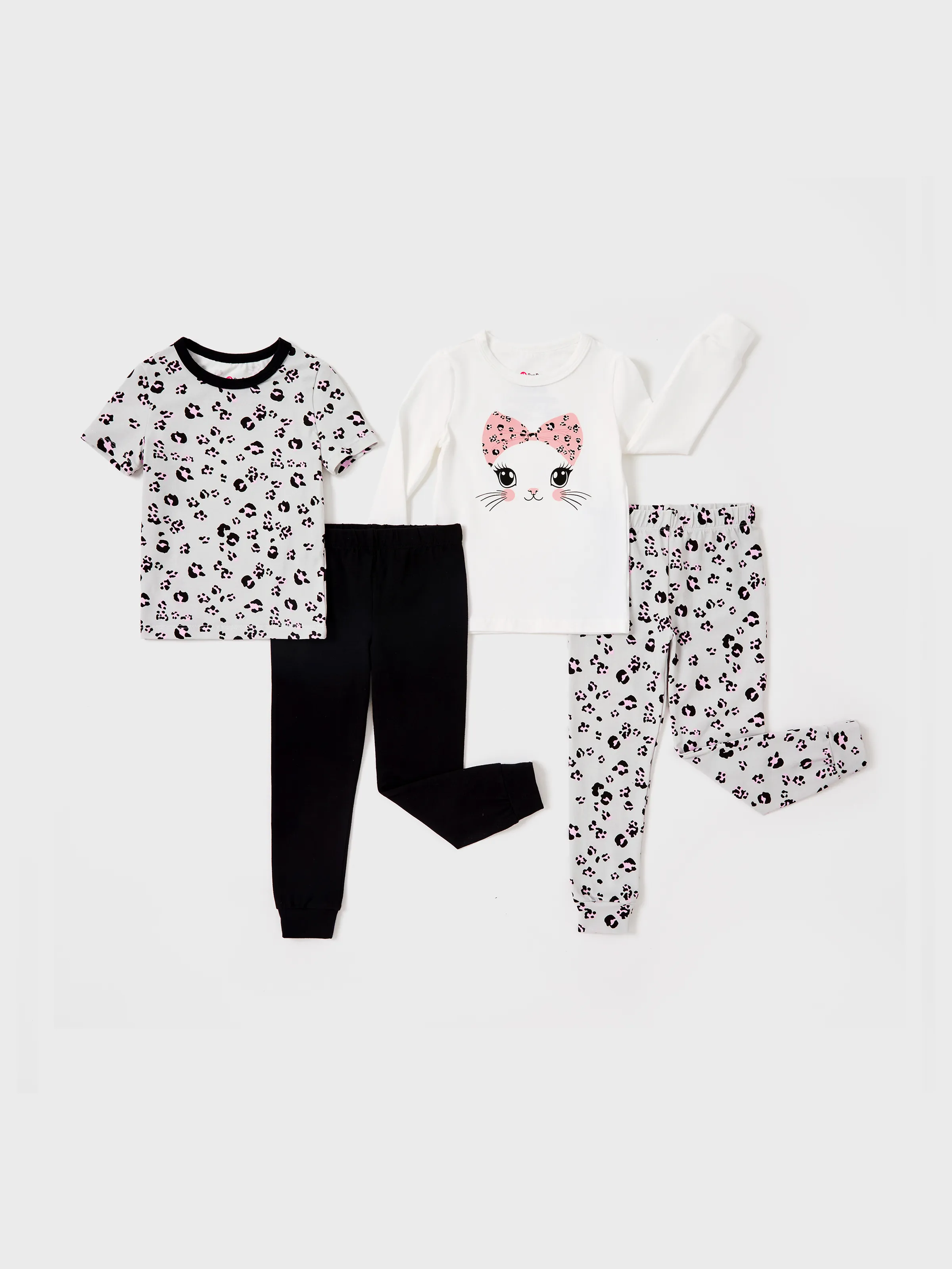 Toddler / Kids 4-piece Organic Cotton Pajamas 4-in 1 Snug fit PaJama Set for Girls White