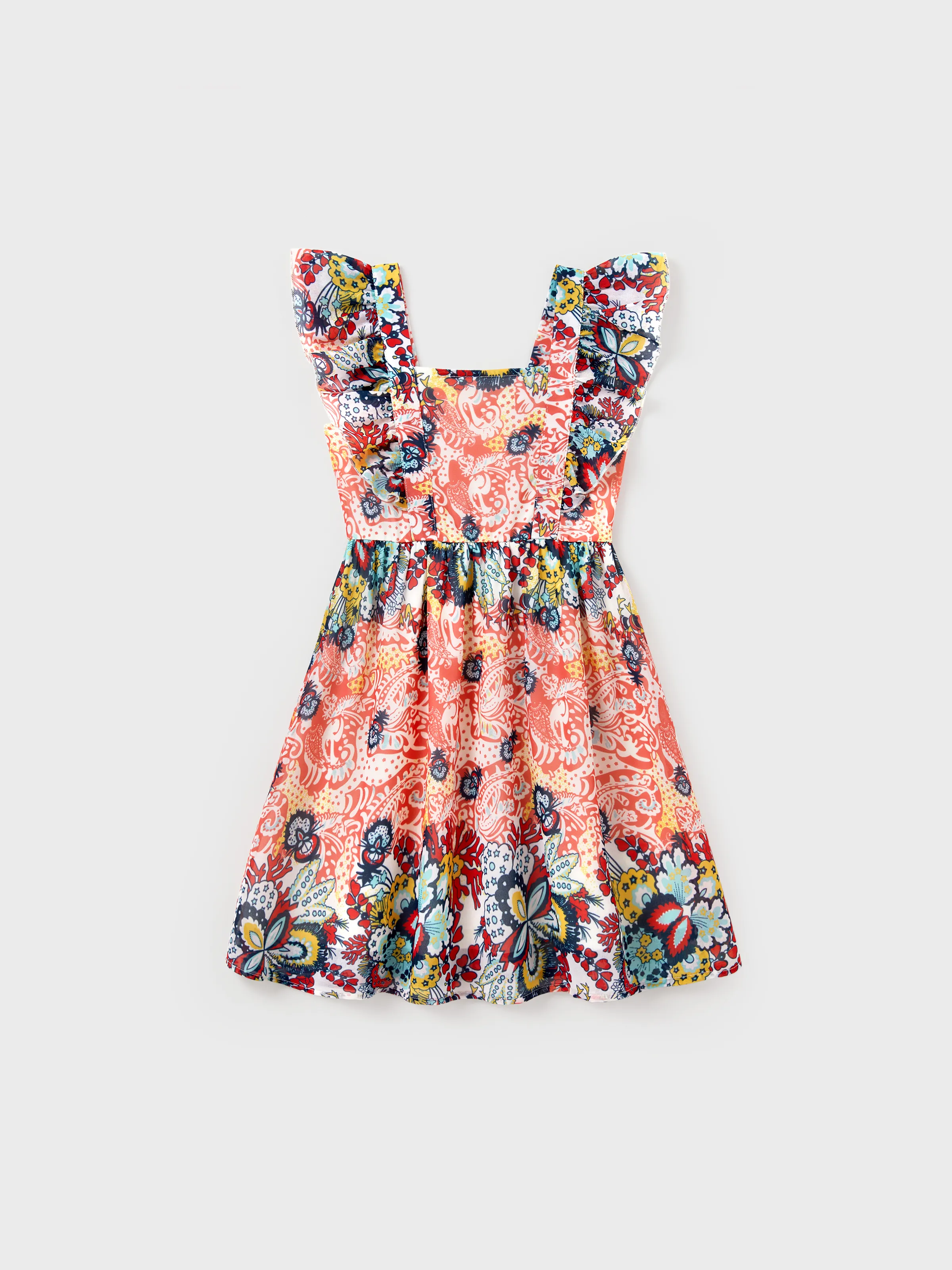 Toddler/Kid Girl Floral Print Flutter Sleeveless Dress Orange red