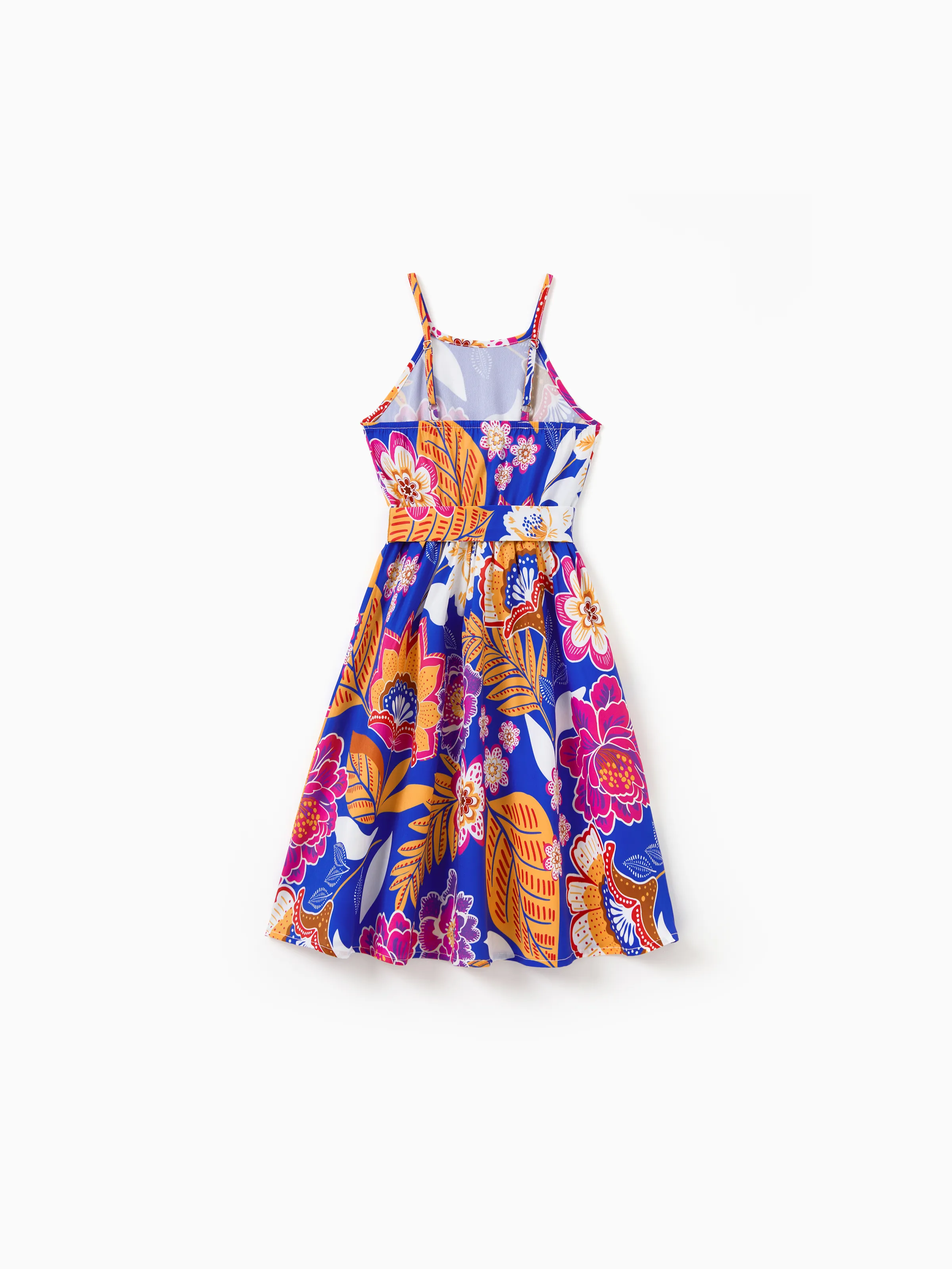 Toddler/Kid Girl Hawaiian Outfits Tropical Floral Print Vacation Clothes Strap Belted Dress Summer Beachwear Set Navy - Image 4