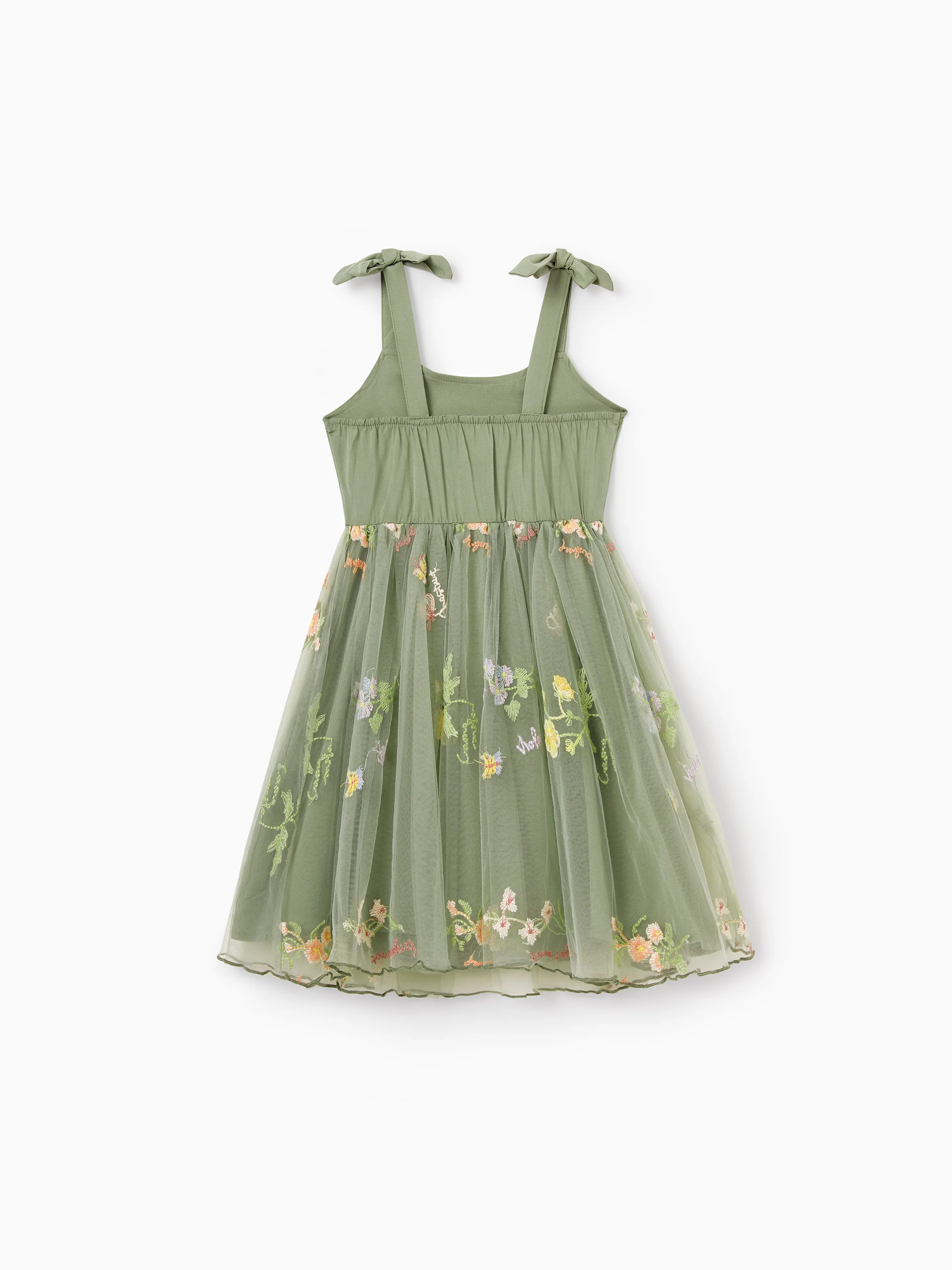 Toddler/Kid Girl Flower  Embroidered  V-neck Strappy Mesh Dress  Green - Image 5