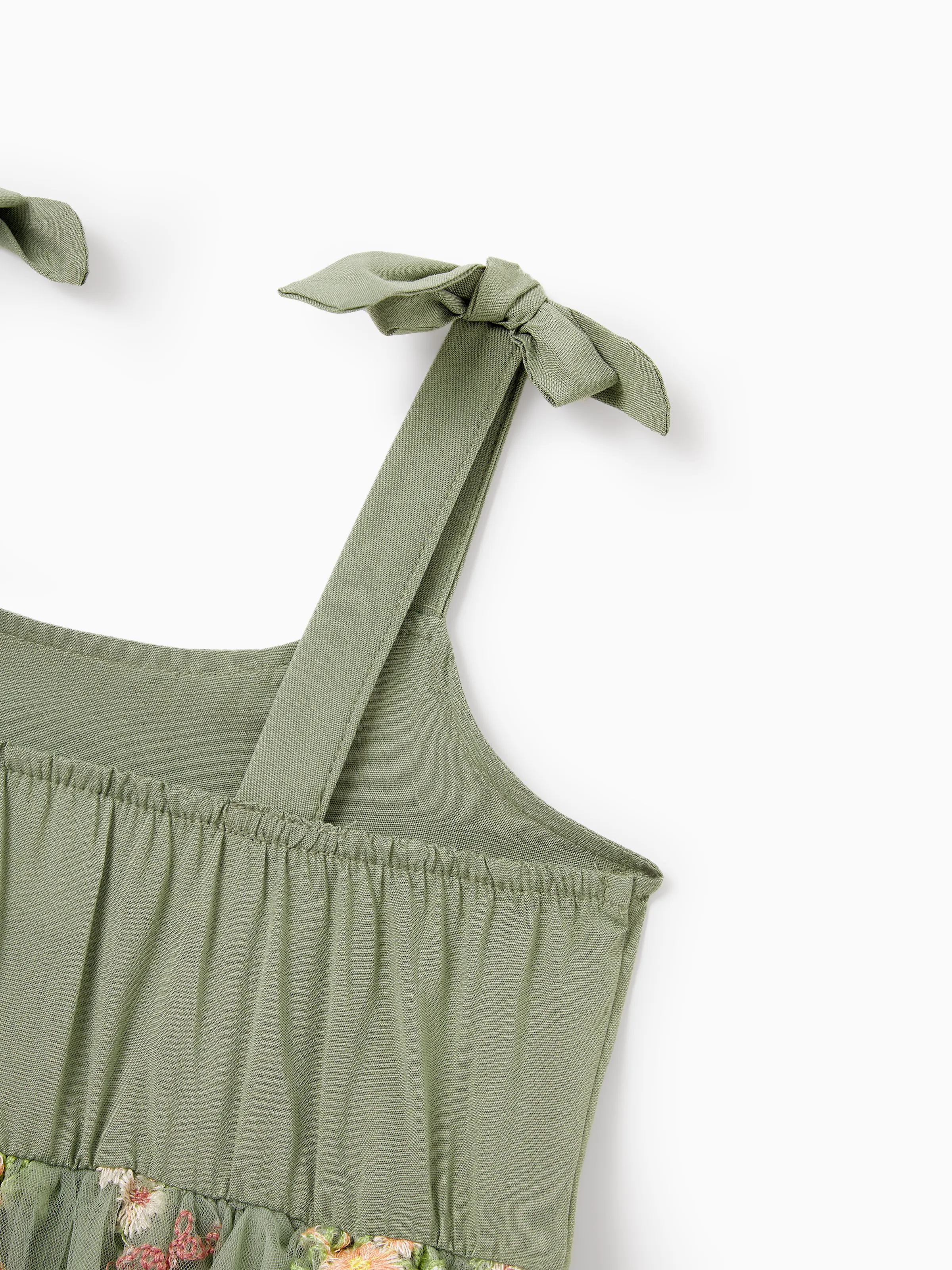 Toddler/Kid Girl Flower  Embroidered  V-neck Strappy Mesh Dress  Green - Image 7