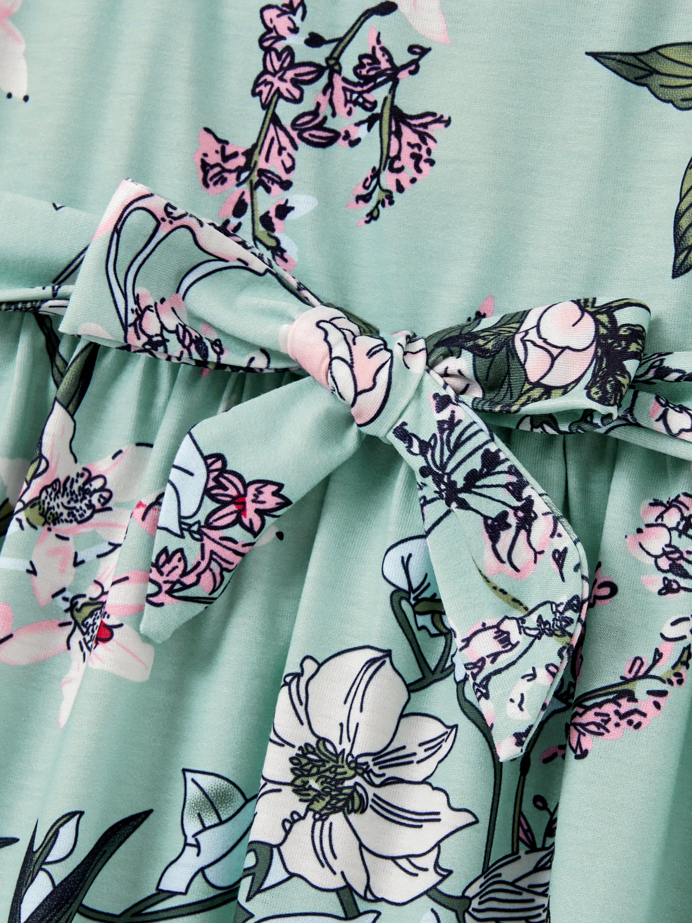 Toddler/Kid Girl Sets Flora Print Strap Belted Dress Light Green - Image 6