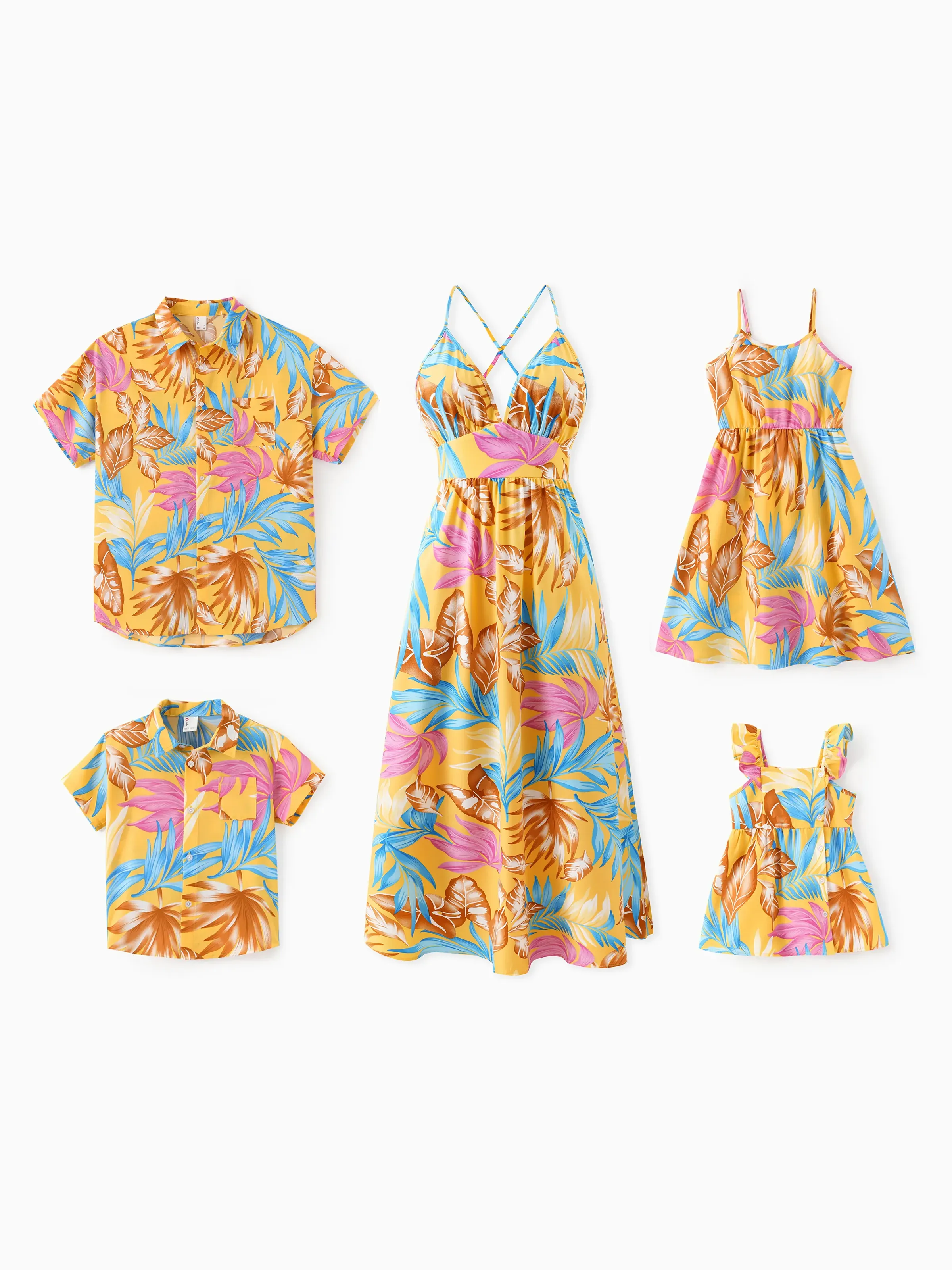 Toddler/Kid Girl Yellow Set Tropical Leaf Print Strap Dress Yellow - Image 2