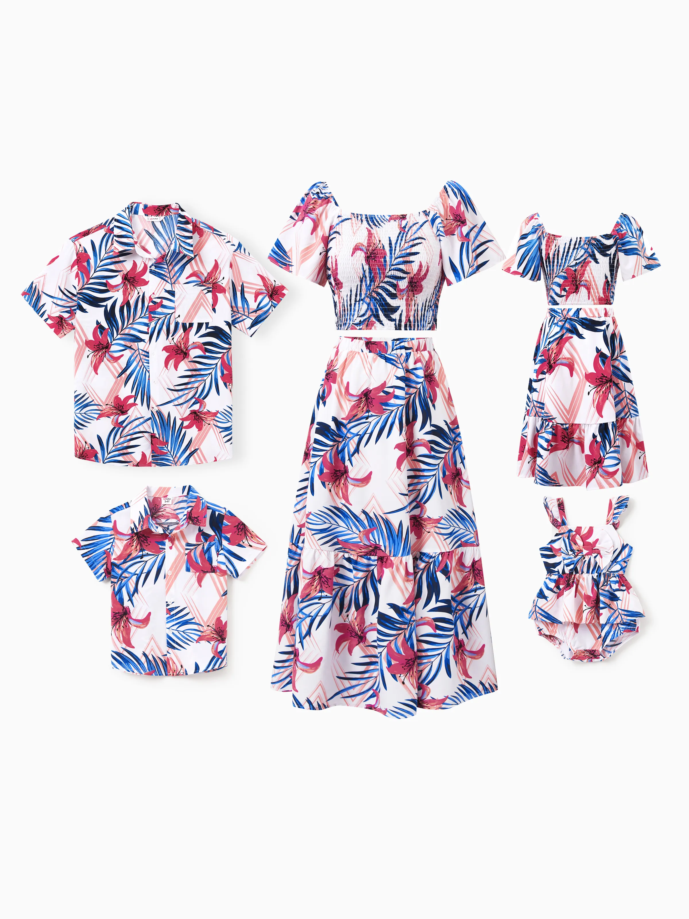 Daddy & Son Tropical Floral Outfits Pink Blue Leaf Print Short-sleeve Shirt Set for Vacation, Cruise, Beach White - Image 2