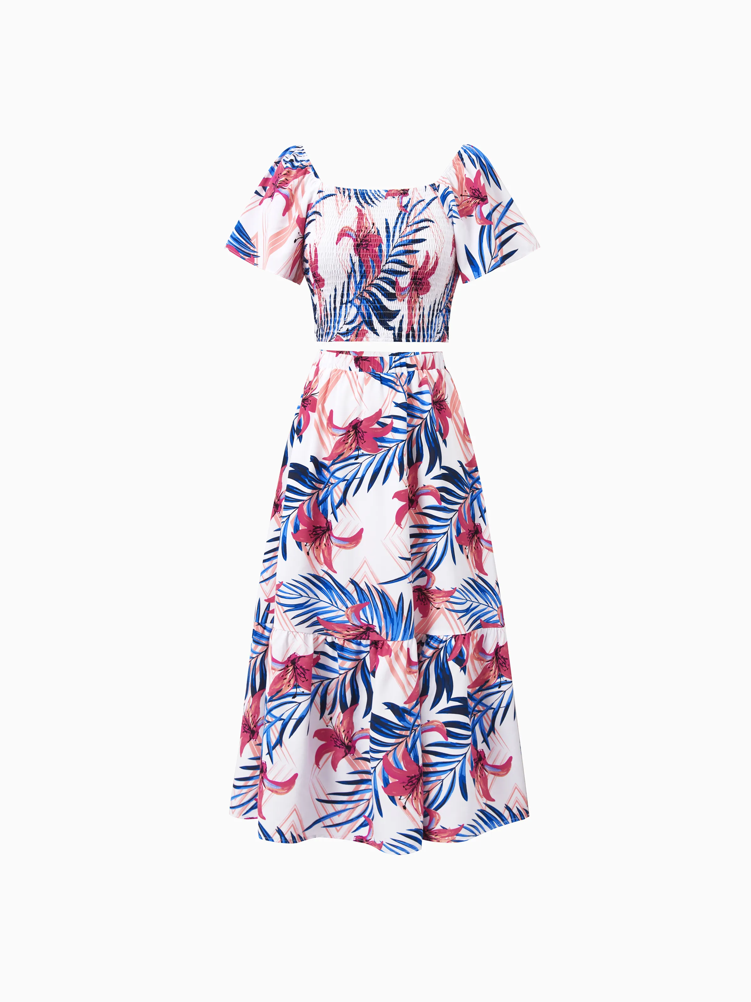 Tropical Floral Family Matching Outfits Pink Blue Leaf Print Short-sleeve Shirt or One Shoulder Smocked top and Skirt Co-ord Set for Vacation, Cruise, Beach White - Image 2