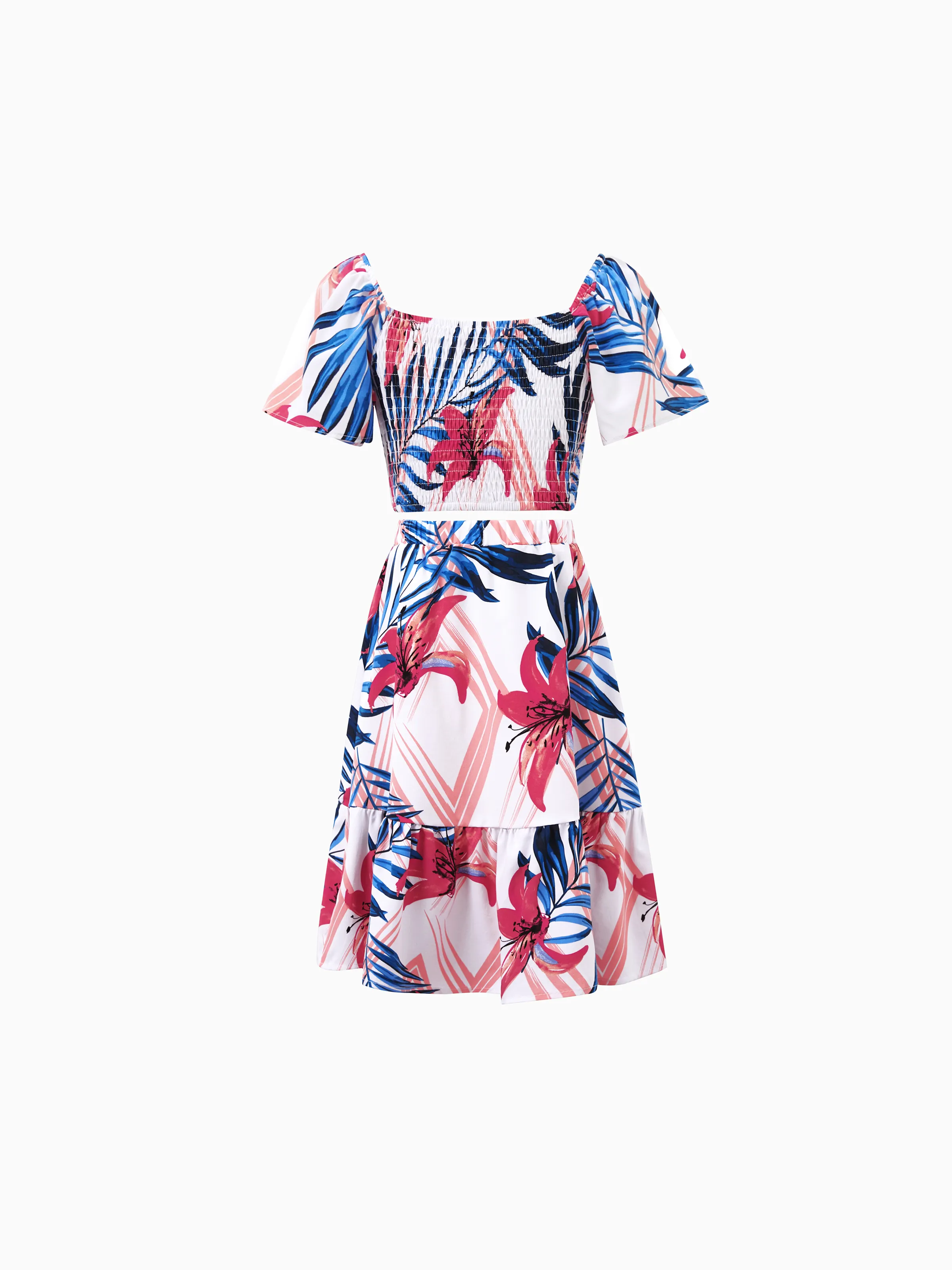 Tropical Floral Family Matching Outfits Pink Blue Leaf Print Short-sleeve Shirt or One Shoulder Smocked top and Skirt Co-ord Set for Vacation, Cruise, Beach White - Image 7