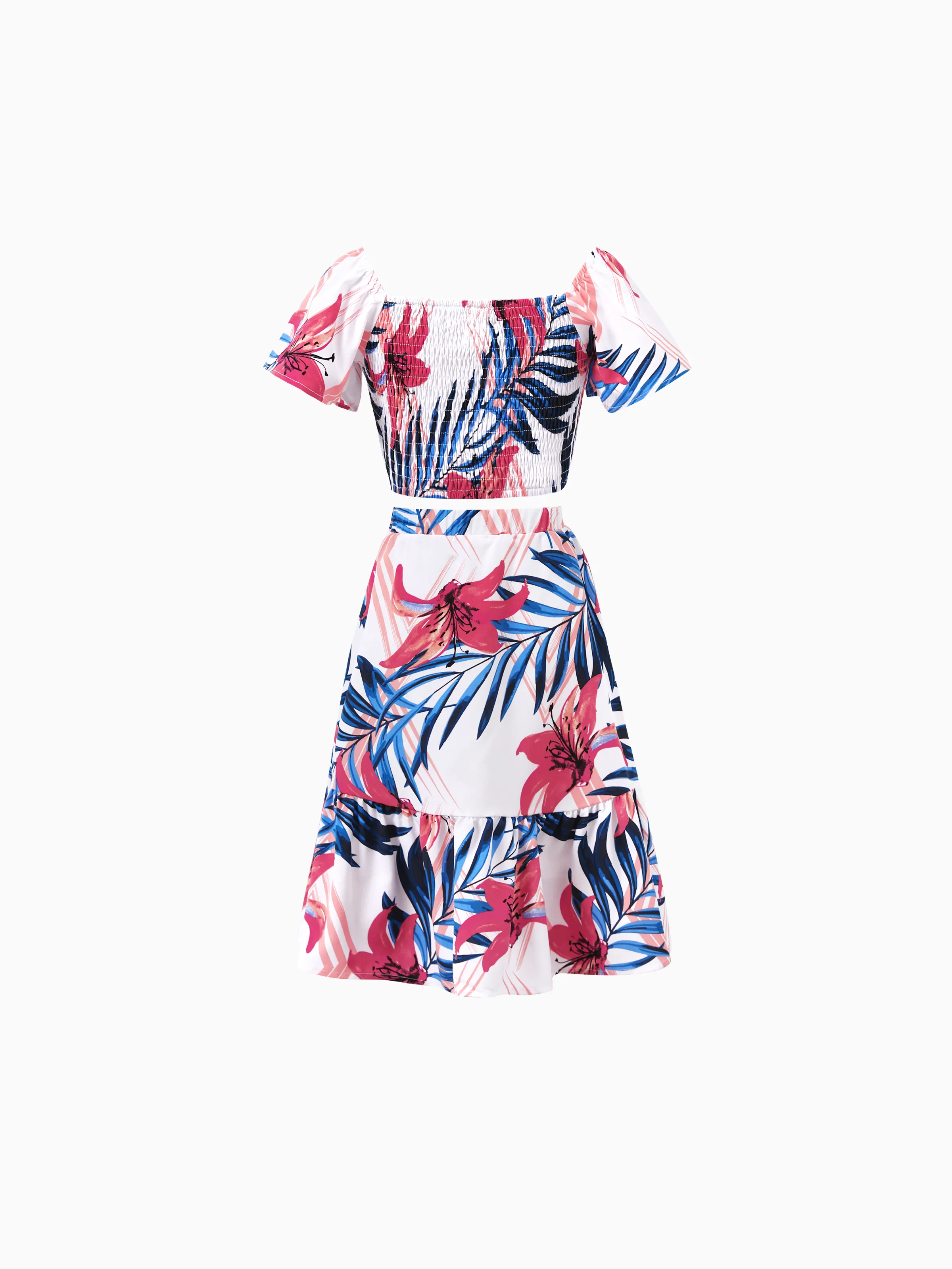 Tropical Floral Family Matching Outfits Pink Blue Leaf Print Short-sleeve Shirt or One Shoulder Smocked top and Skirt Co-ord Set for Vacation, Cruise, Beach White - Image 8